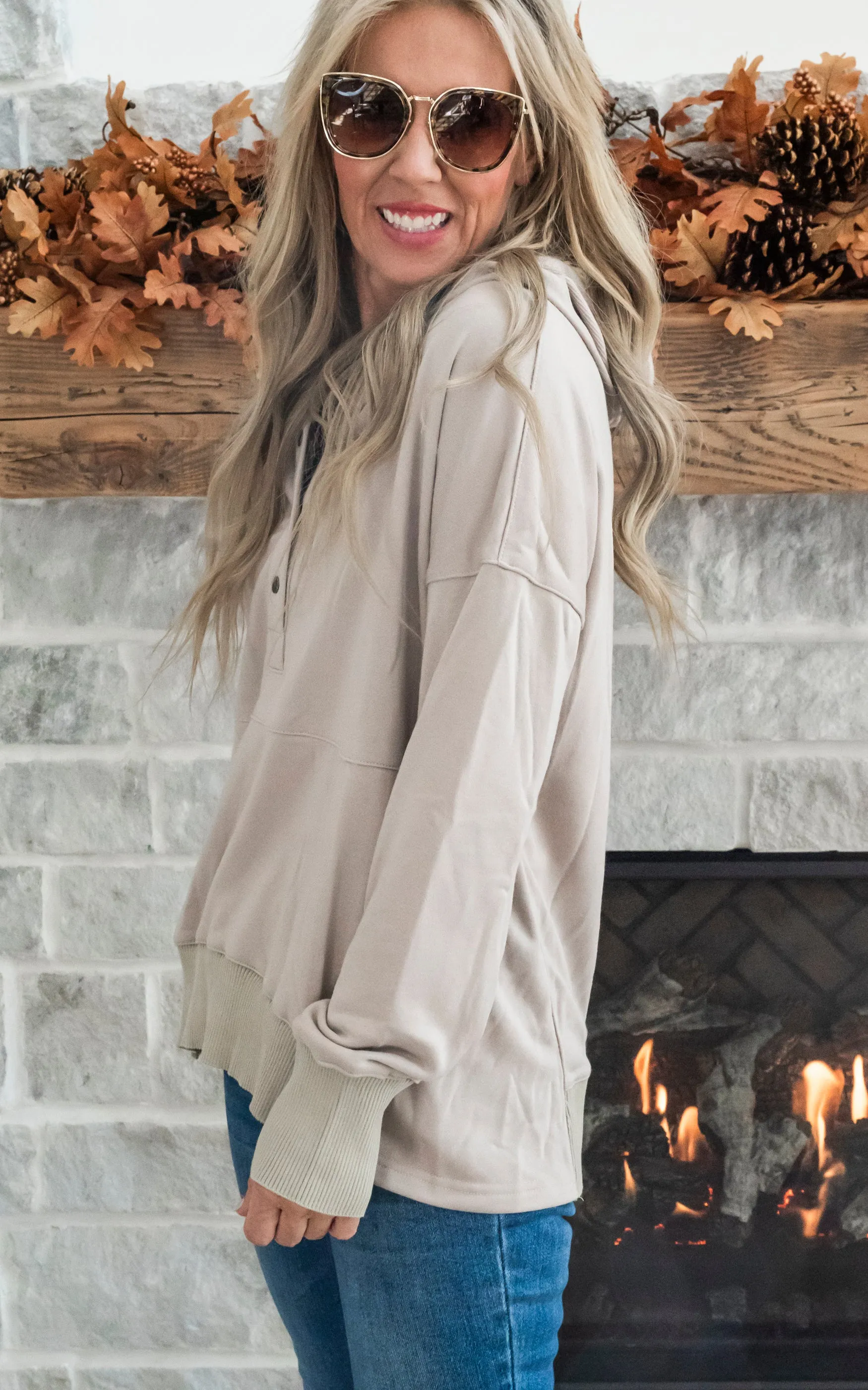 Oversized Drop Shoulder Half Button Knit Hoodie - Taupe