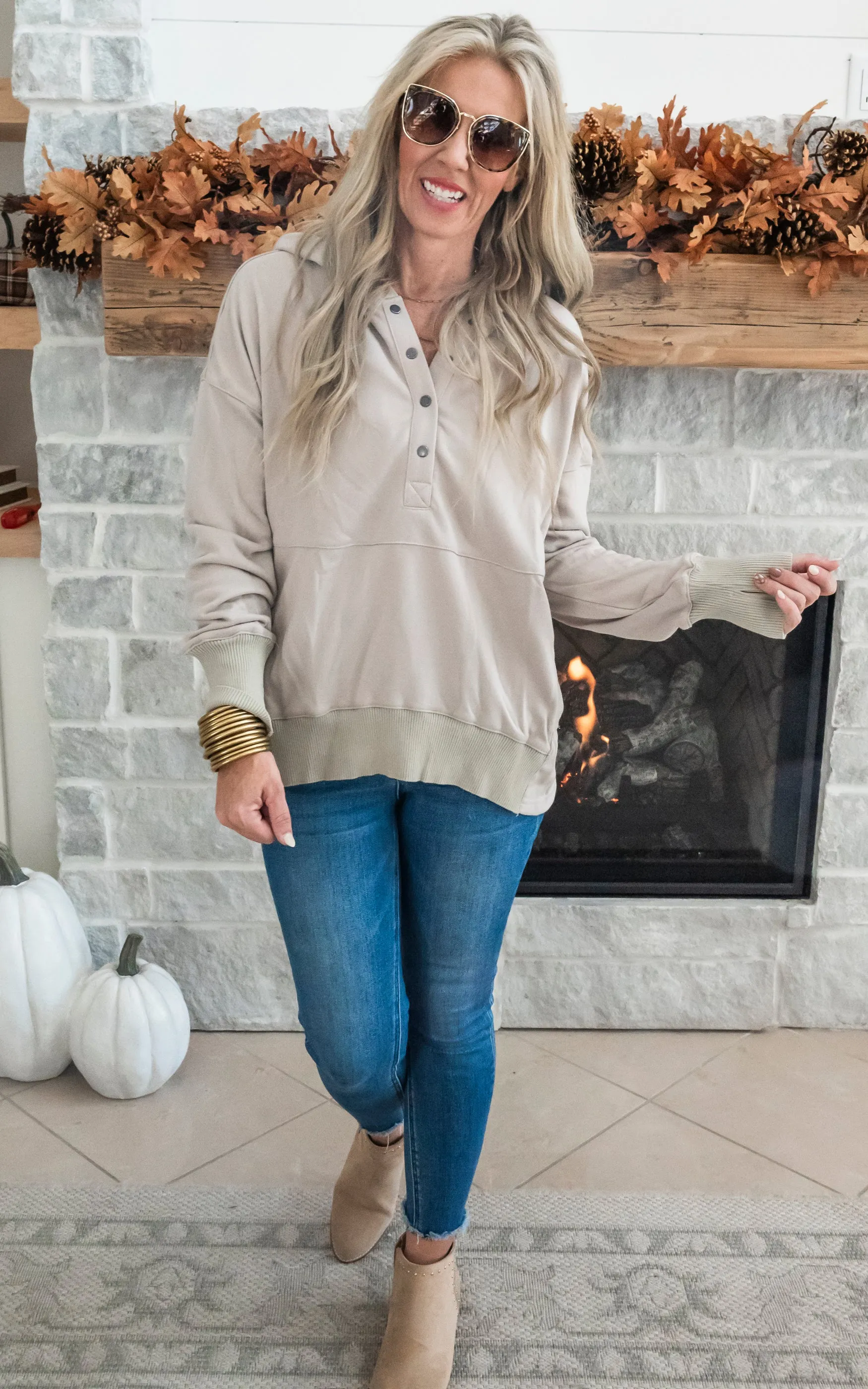 Oversized Drop Shoulder Half Button Knit Hoodie - Taupe