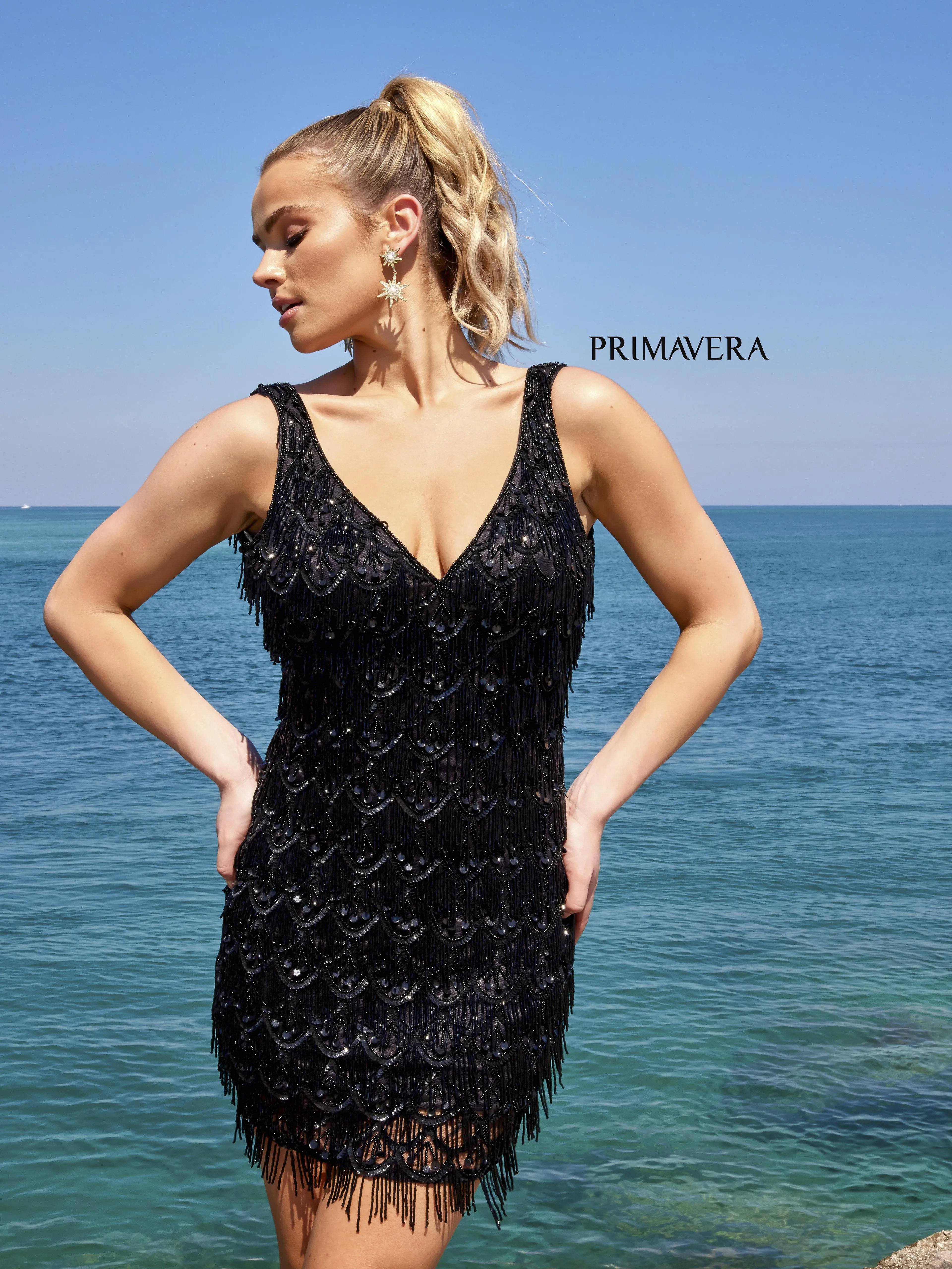 Primavera Couture 4042 Beaded Embellished Fringe With Stones V-Neck Cocktail Homecoming Dress