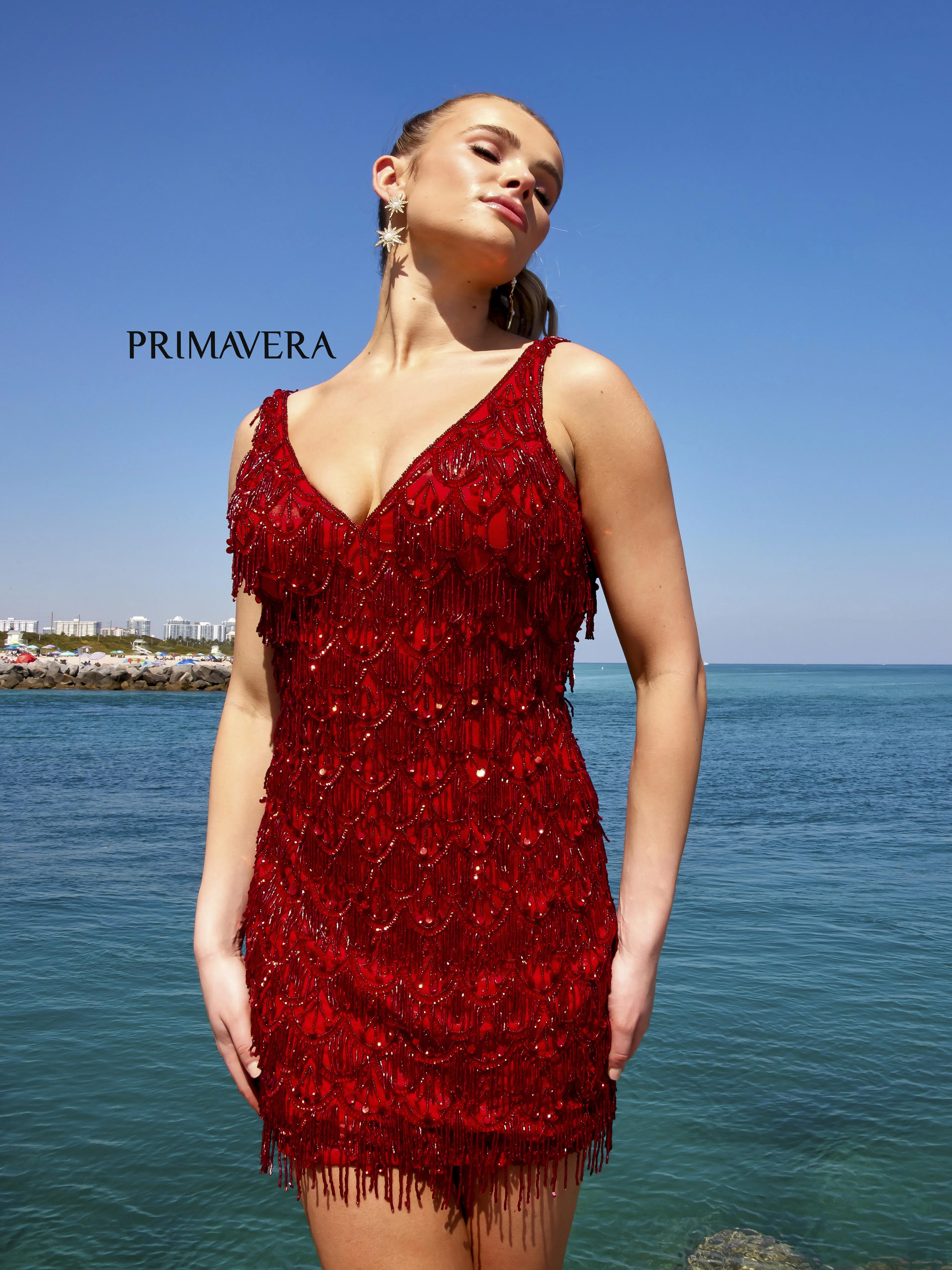 Primavera Couture 4042 Beaded Embellished Fringe With Stones V-Neck Cocktail Homecoming Dress