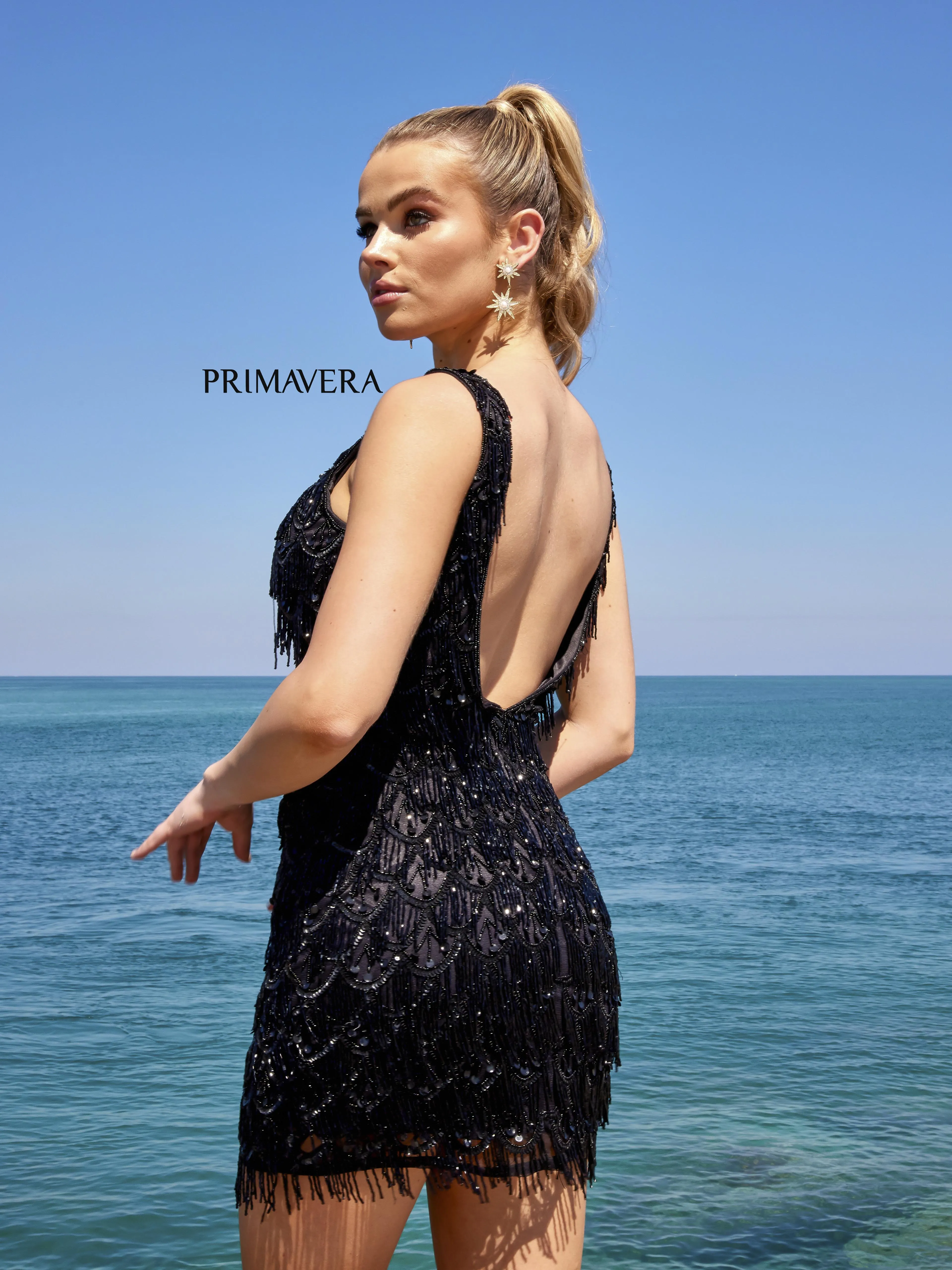 Primavera Couture 4042 Beaded Embellished Fringe With Stones V-Neck Cocktail Homecoming Dress