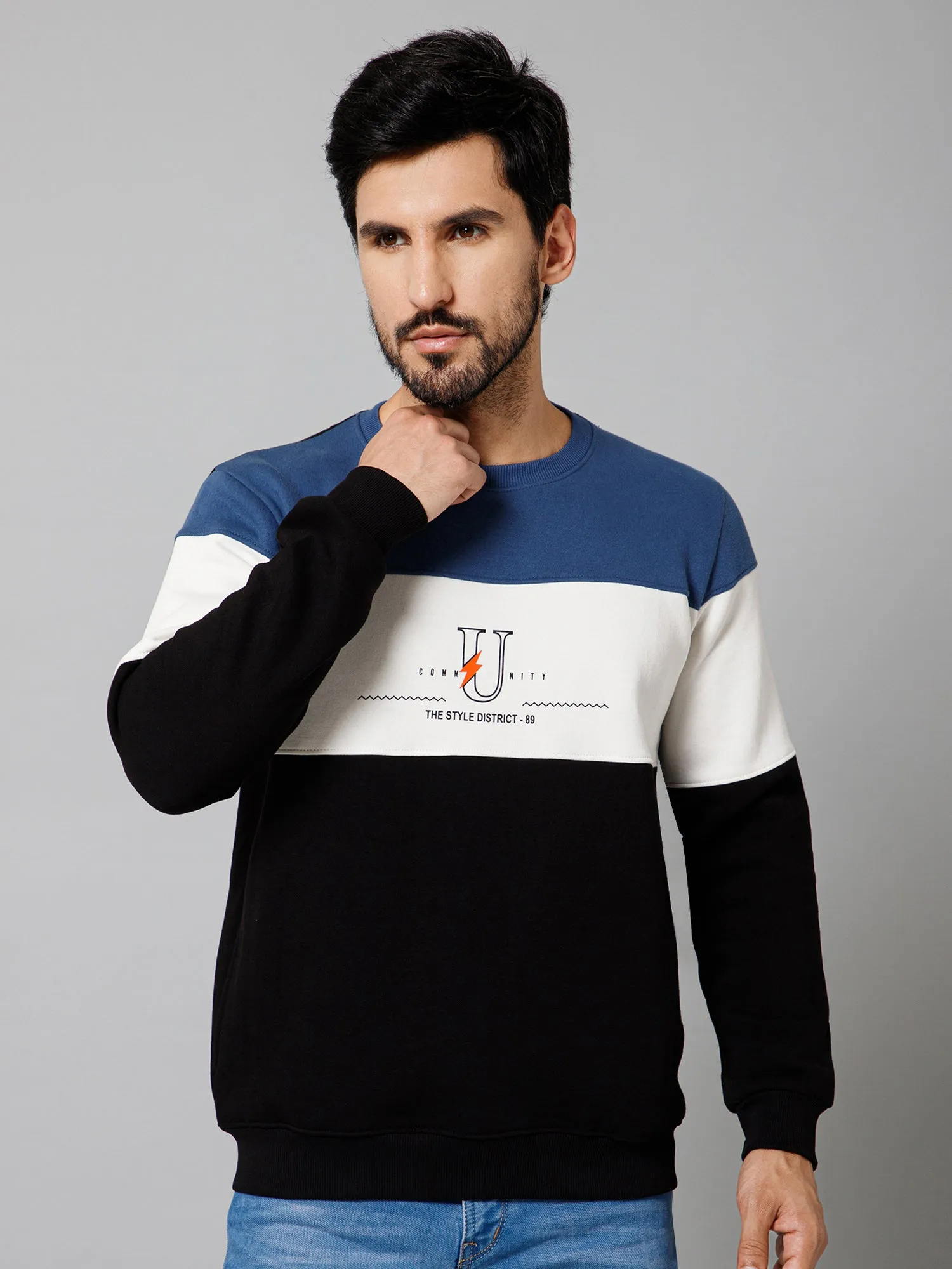 Printed Black Full Sleeves Round Neck Regular Fit Casual Sweatshirt For Men