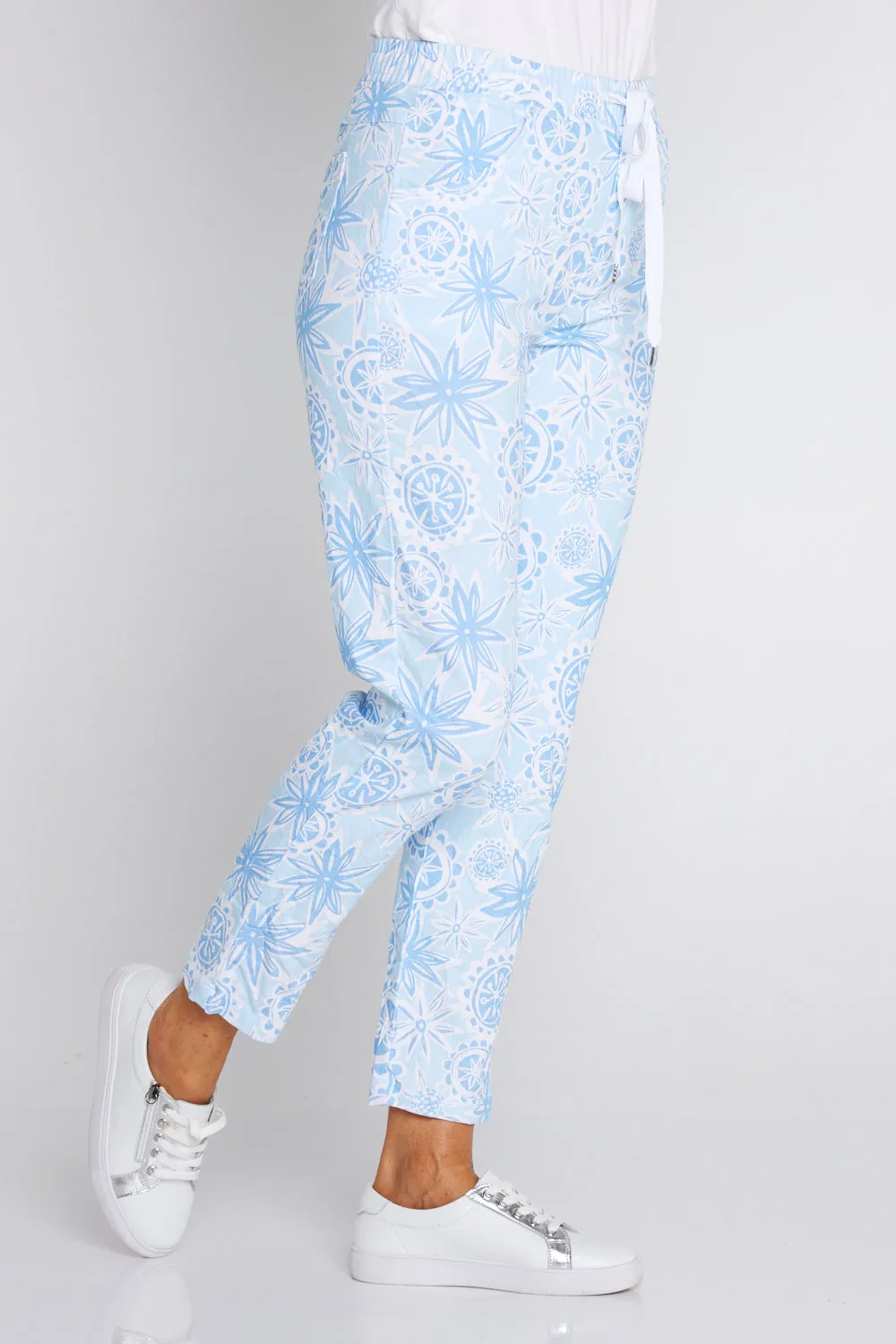 Printed Crushed Drawstring Pants - Summer Blue