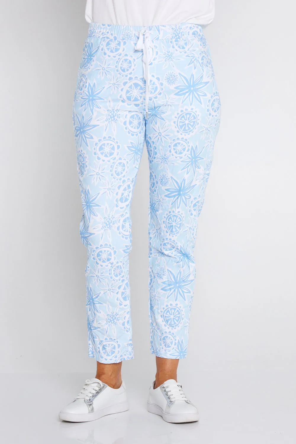 Printed Crushed Drawstring Pants - Summer Blue