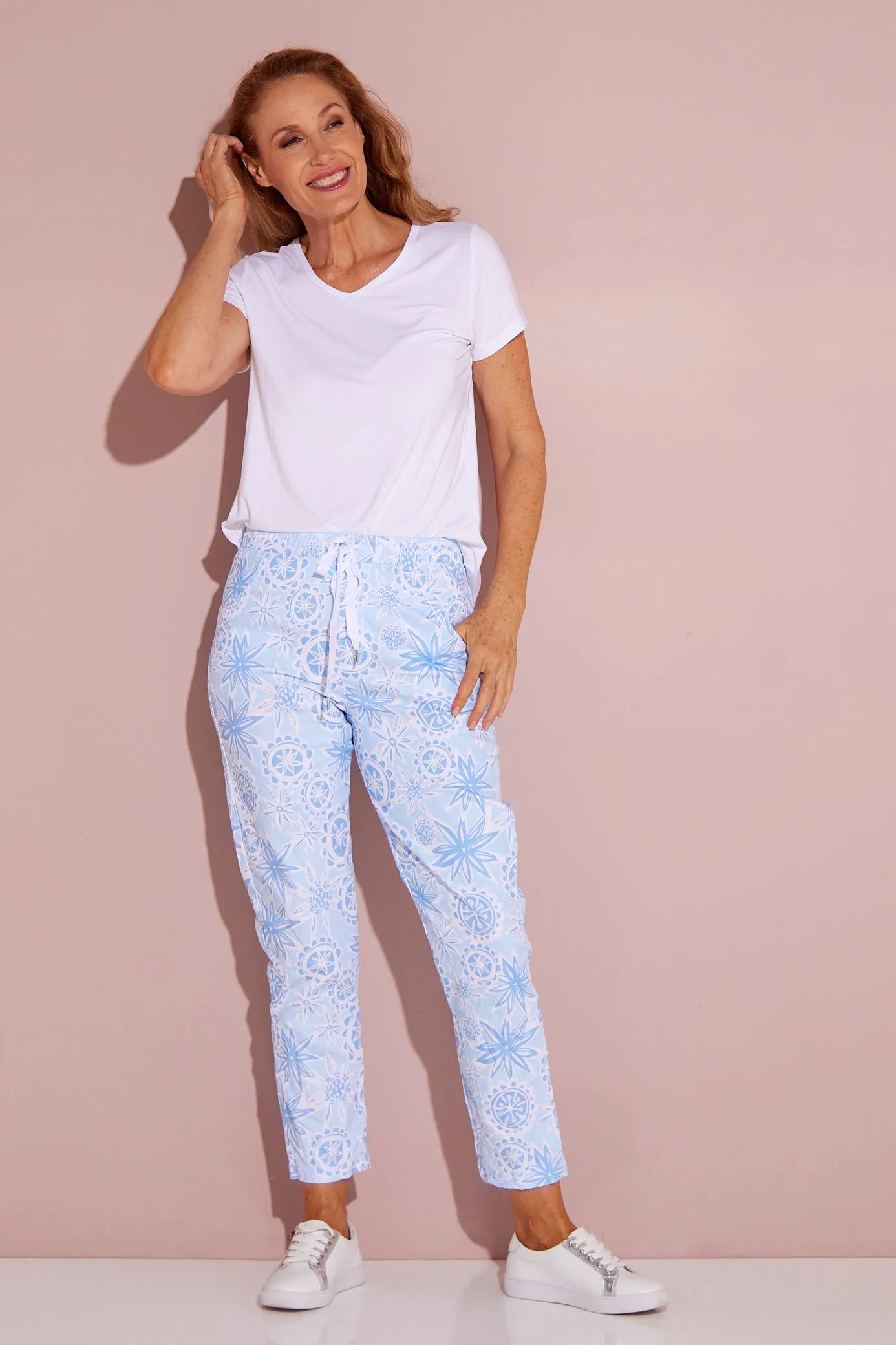 Printed Crushed Drawstring Pants - Summer Blue