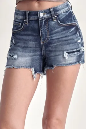 RISEN Mid Rise Raw Hem Patched Denim Shorts