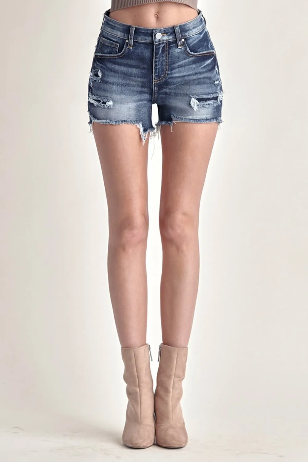 RISEN Mid Rise Raw Hem Patched Denim Shorts