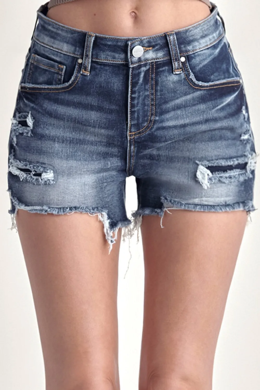 RISEN Mid Rise Raw Hem Patched Denim Shorts