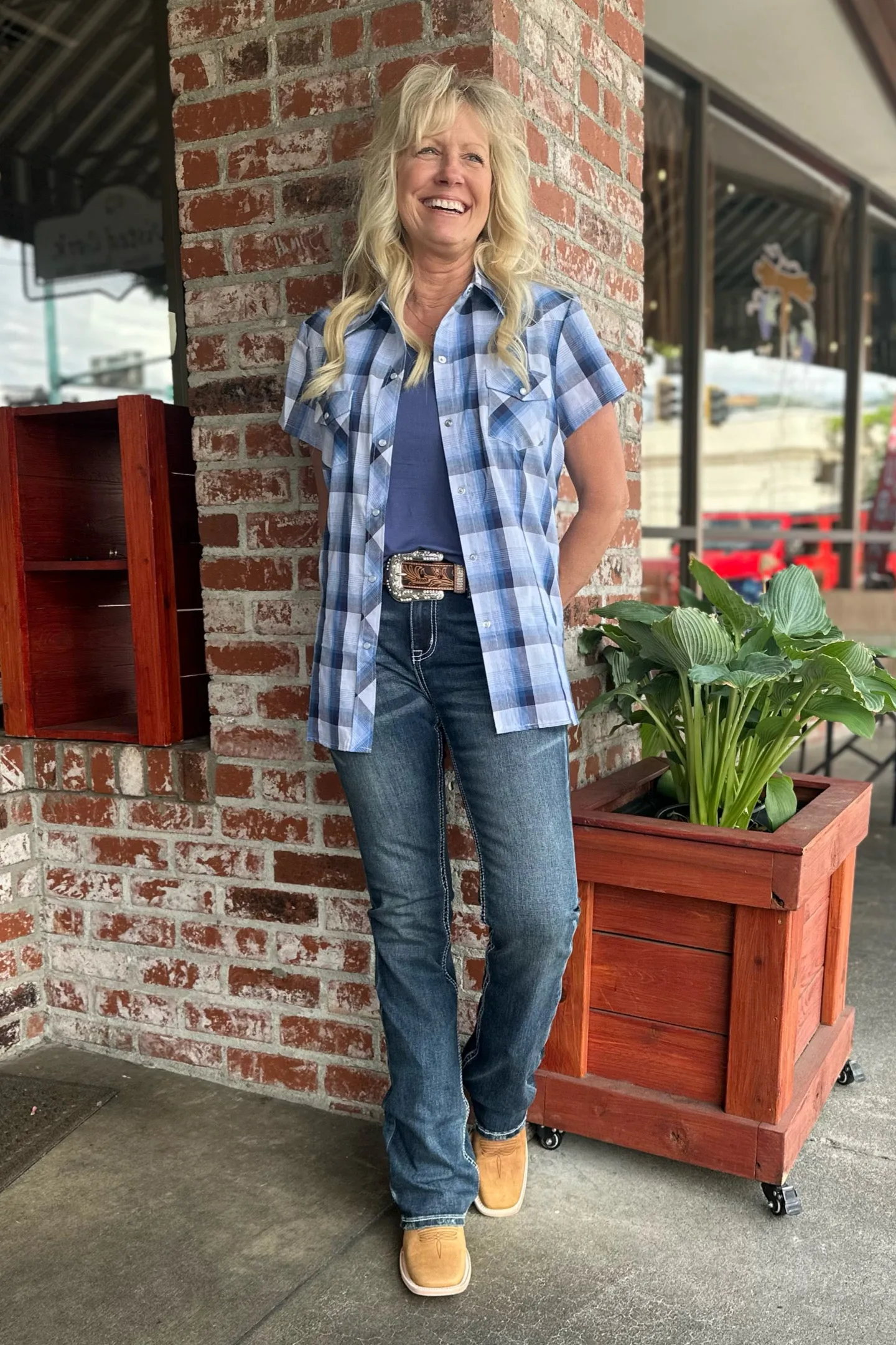 Roper Woman's Blue & White Plaid Button Up