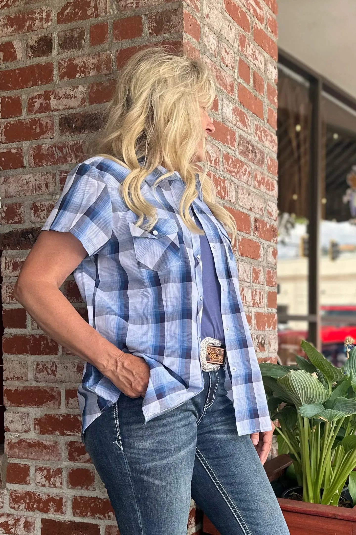 Roper Woman's Blue & White Plaid Button Up