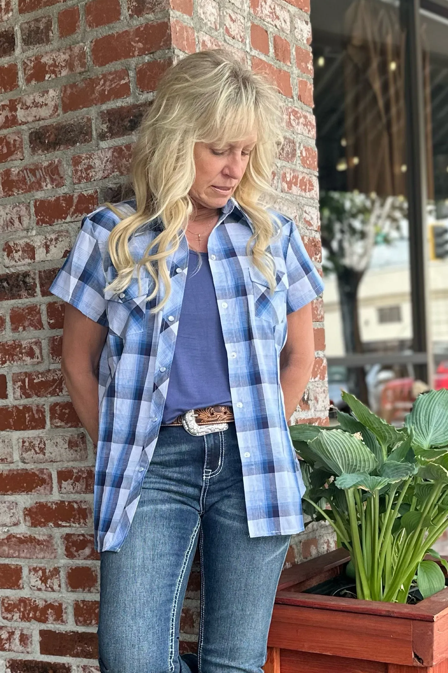 Roper Woman's Blue & White Plaid Button Up