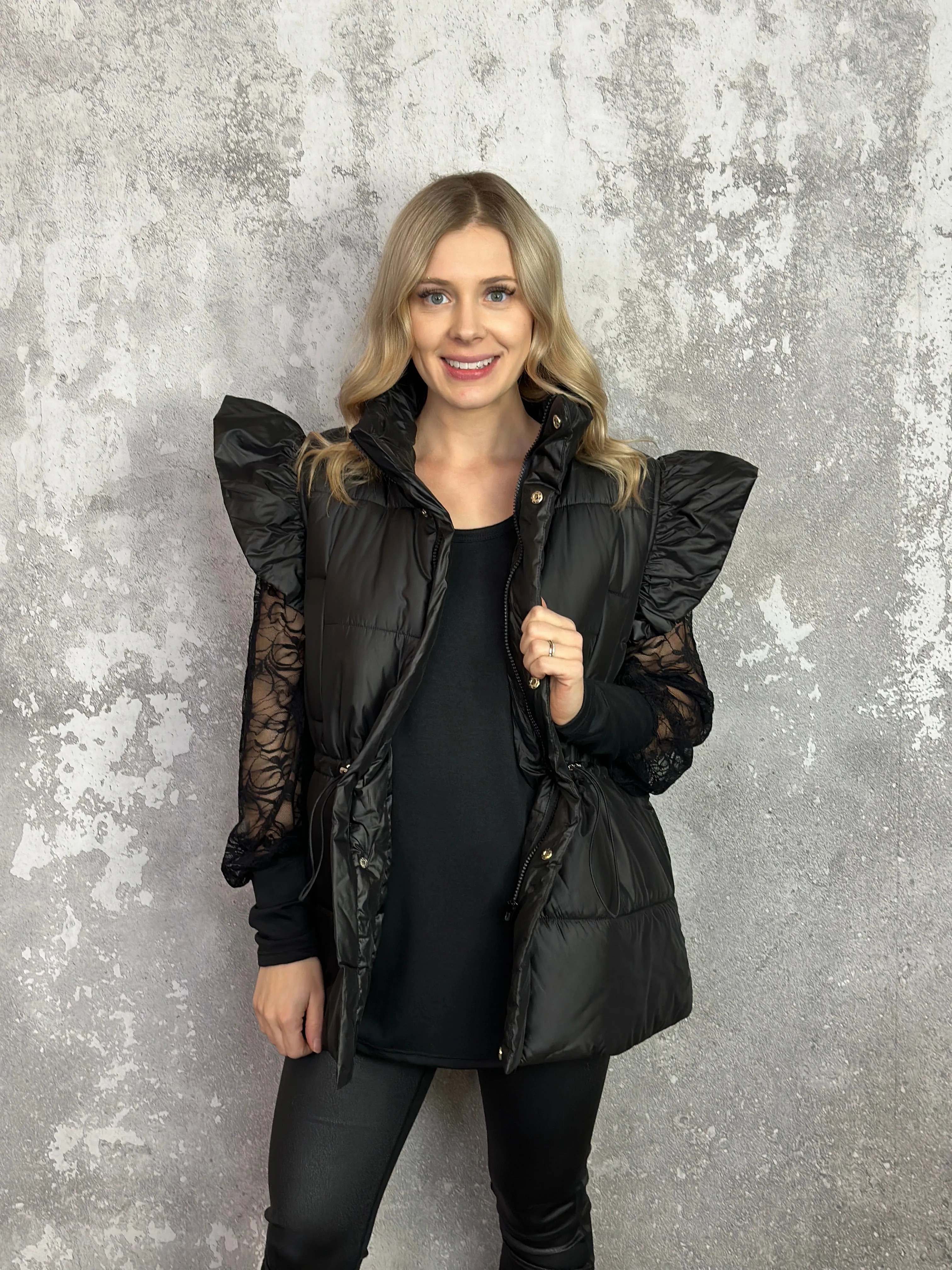 Ruffle Sleeve Waist Cinch Puffer Vest (Small - 3X) - FINAL SALE