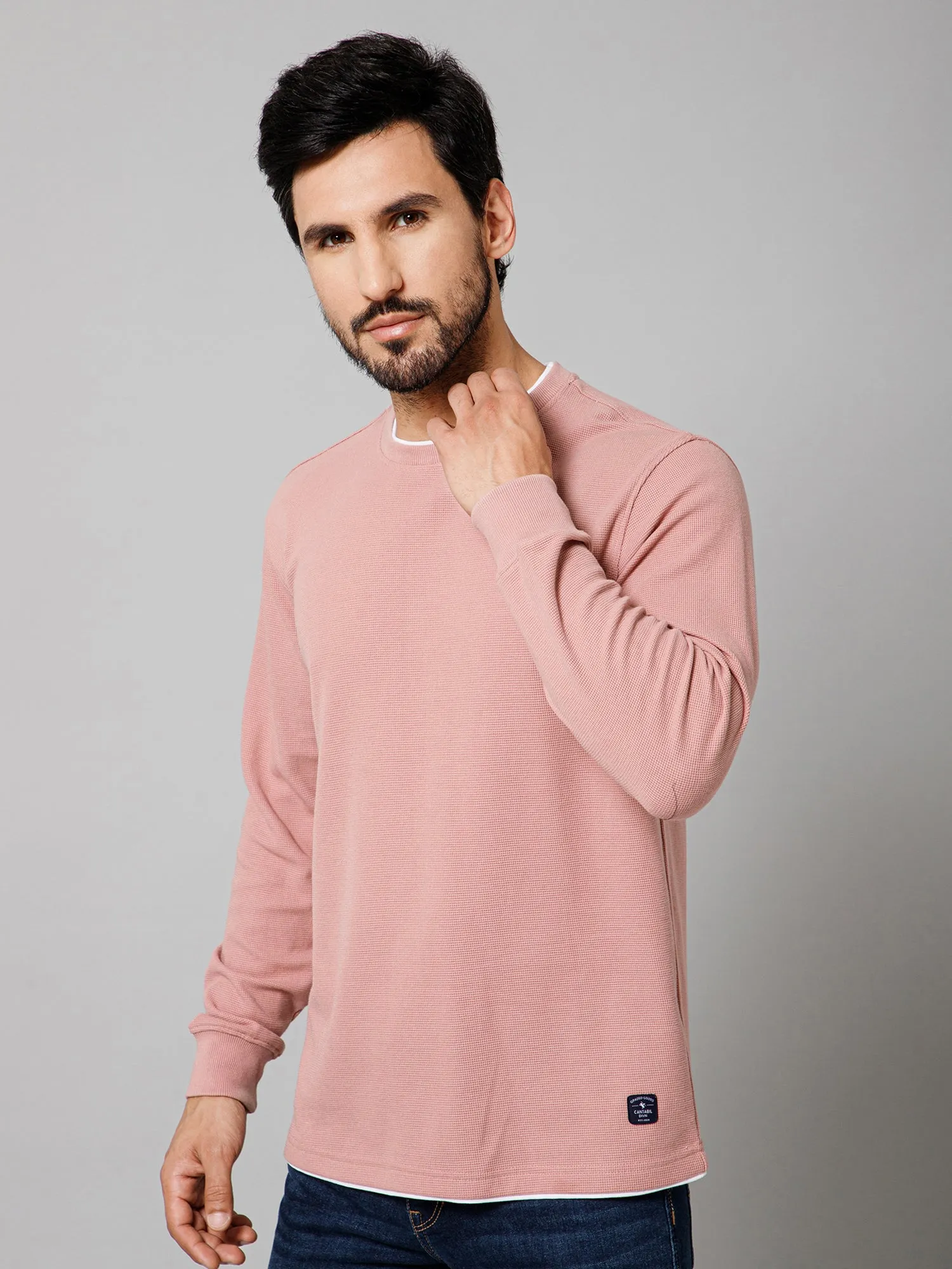 Solid Pink Full Sleeves Round Neck Regular Fit Casual Sweatshirt for Mens