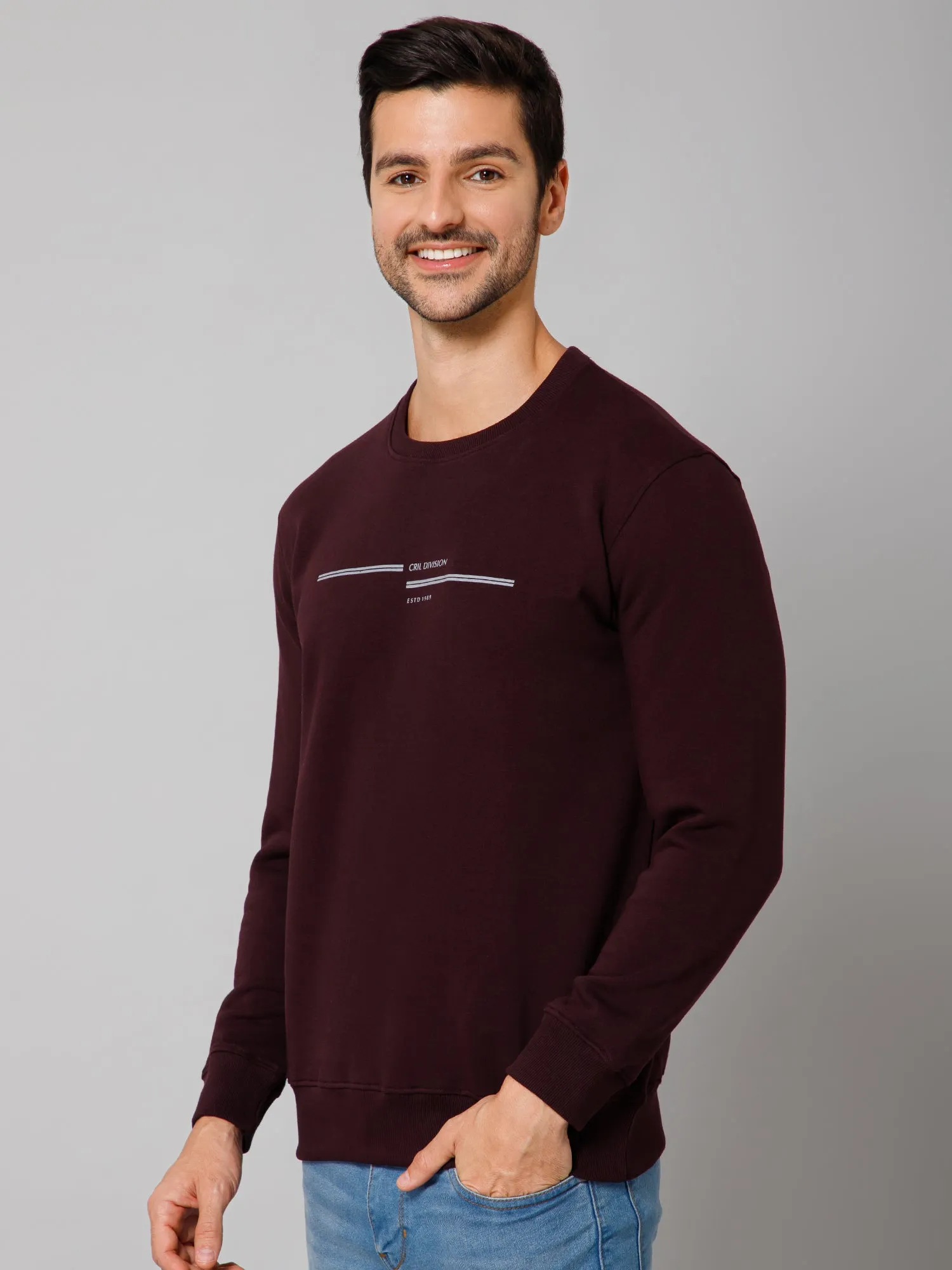 Solid Wine Full Sleeves Round Neck Regular Fit Casual Sweatshirt for Men