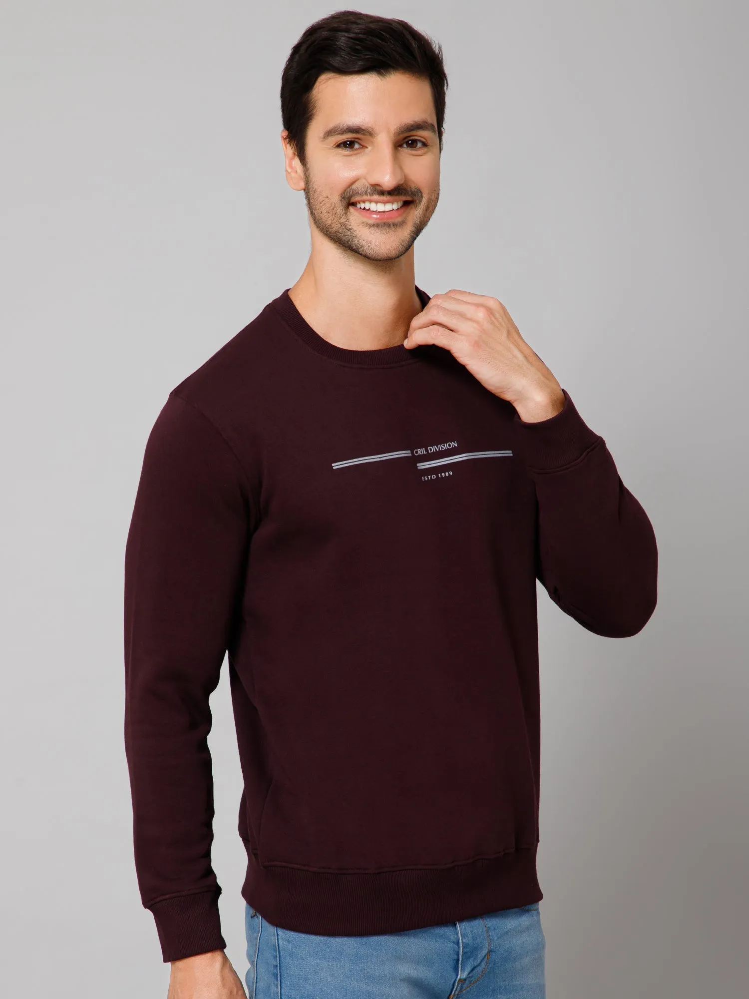 Solid Wine Full Sleeves Round Neck Regular Fit Casual Sweatshirt for Men