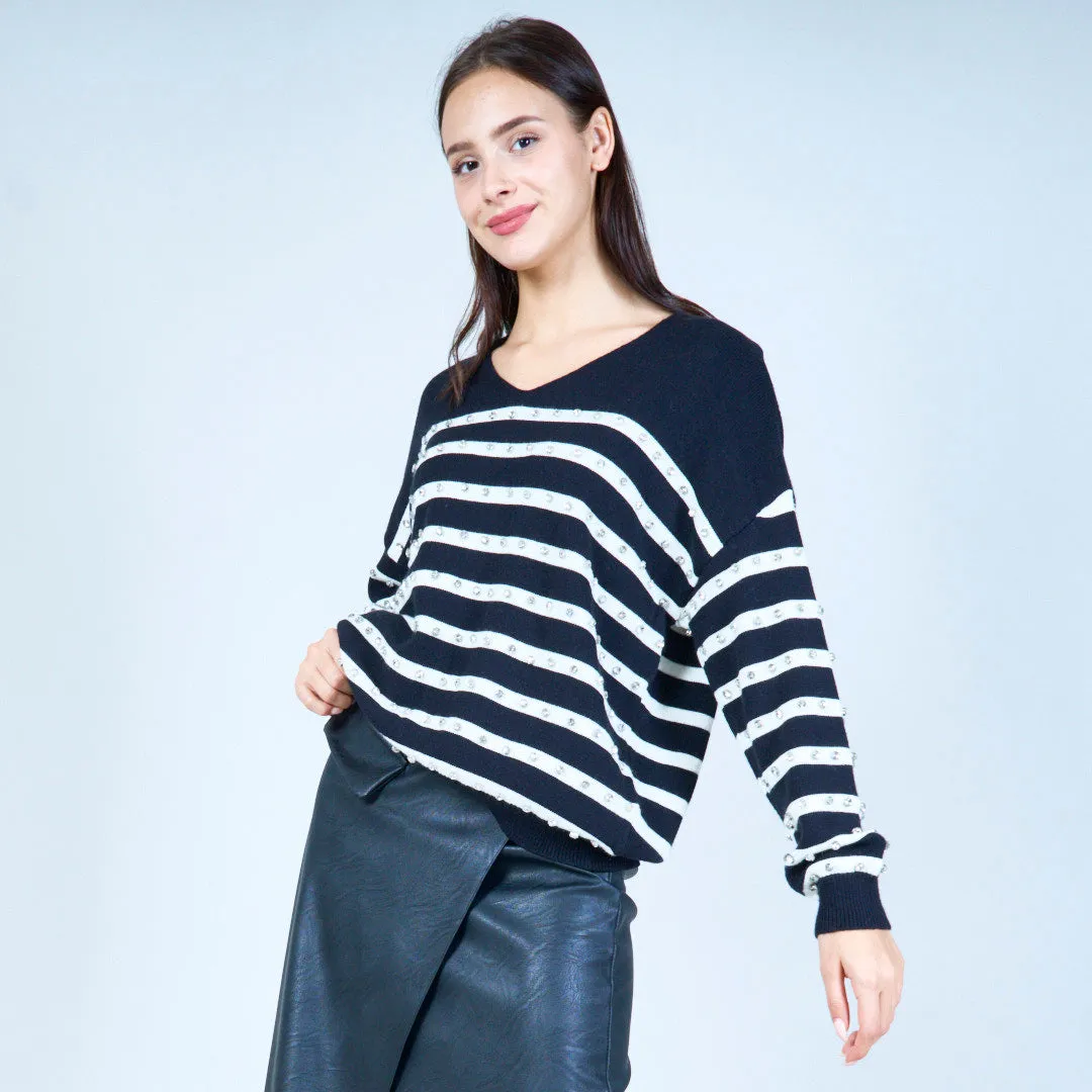 Striped v-neck sweater with embellishments wholesale