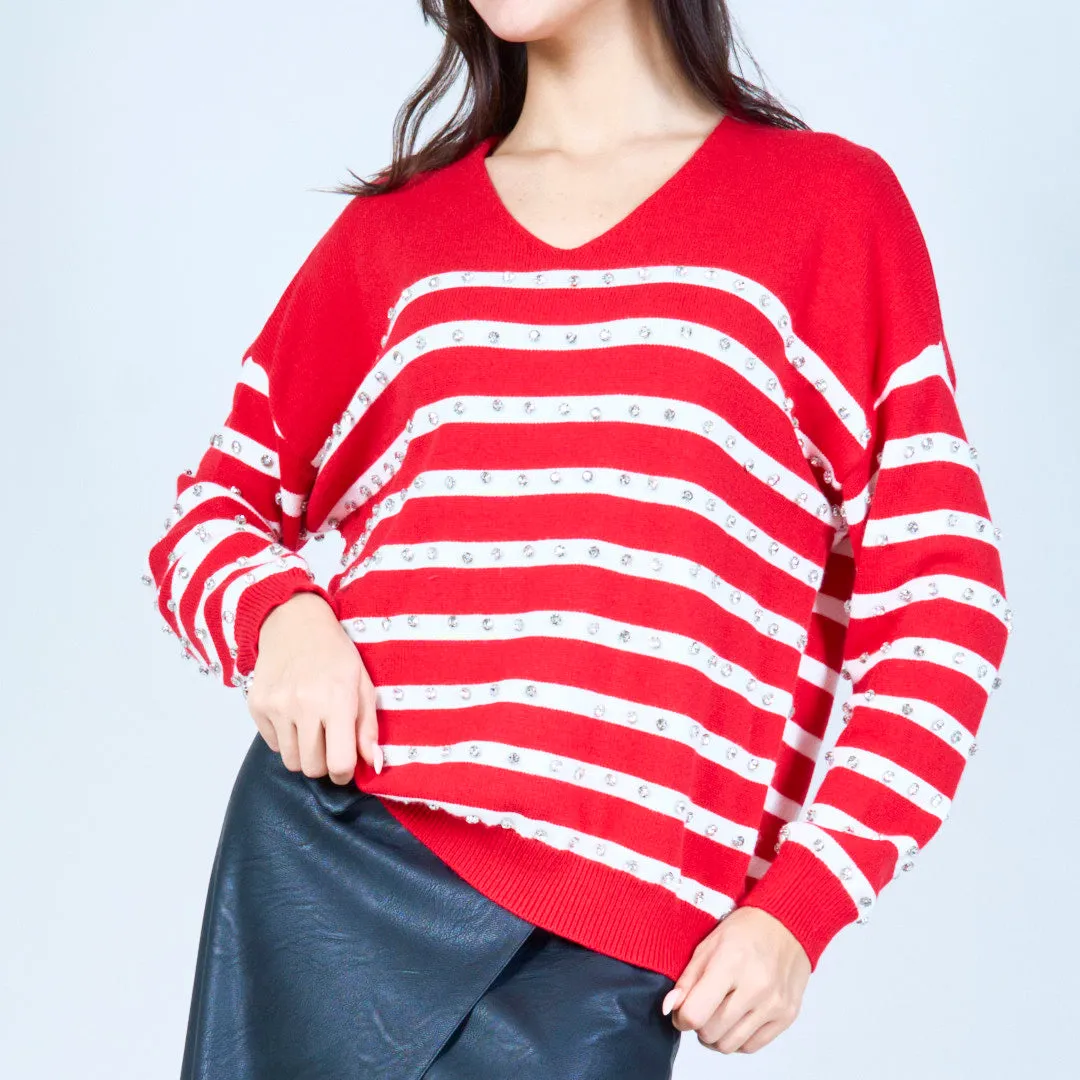 Striped v-neck sweater with embellishments wholesale