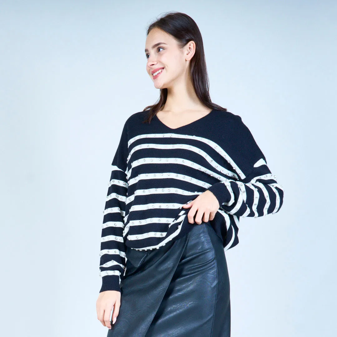 Striped v-neck sweater with embellishments wholesale