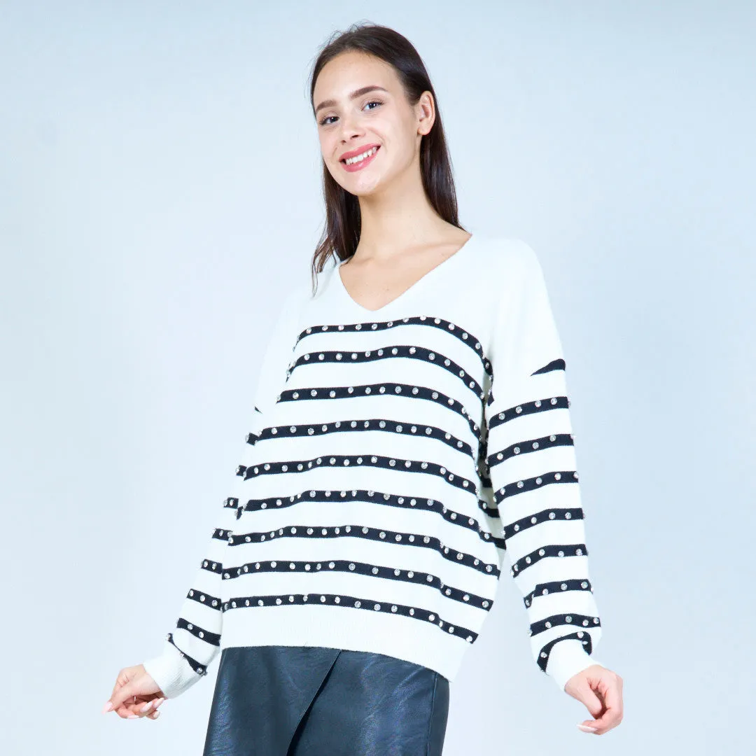 Striped v-neck sweater with embellishments wholesale