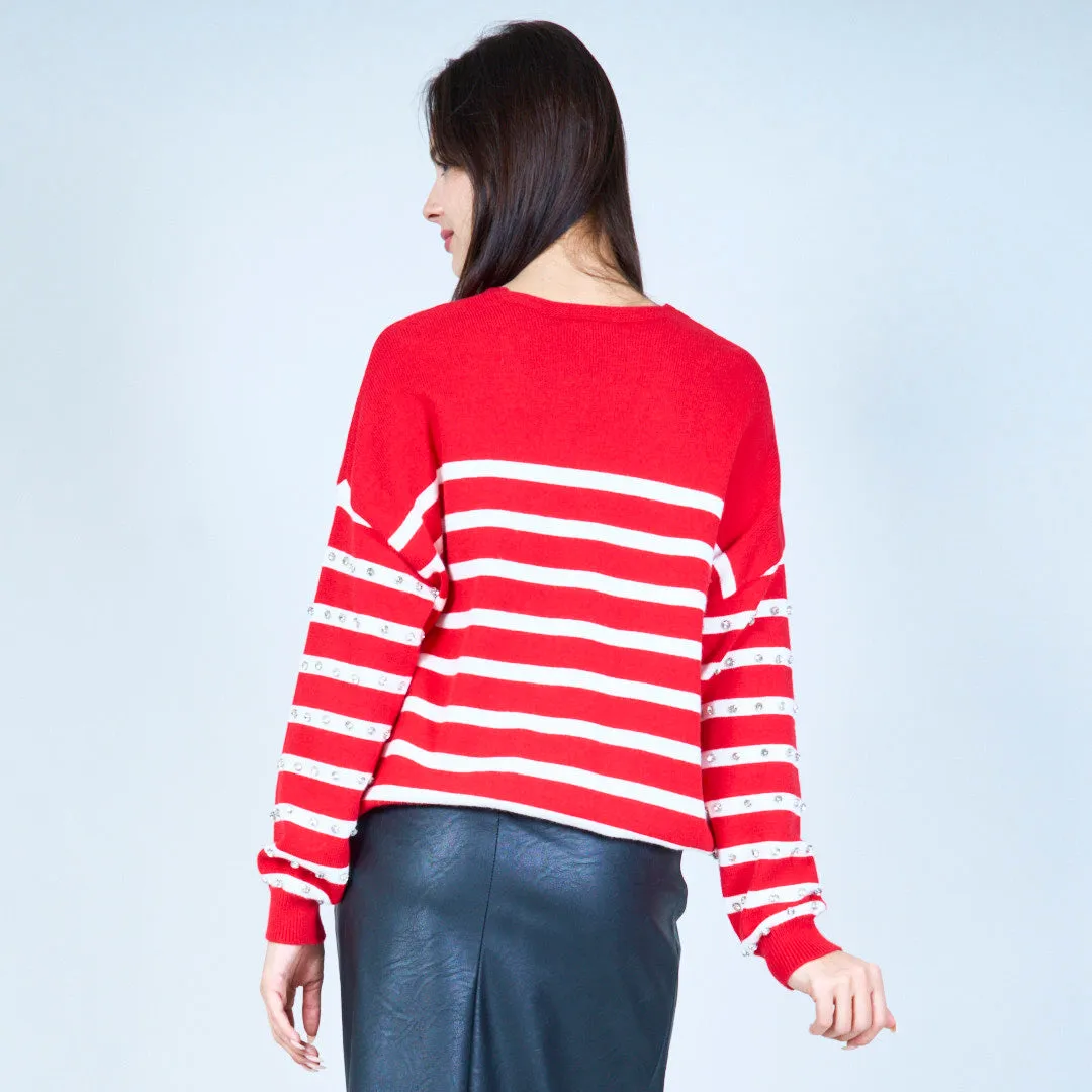 Striped v-neck sweater with embellishments wholesale