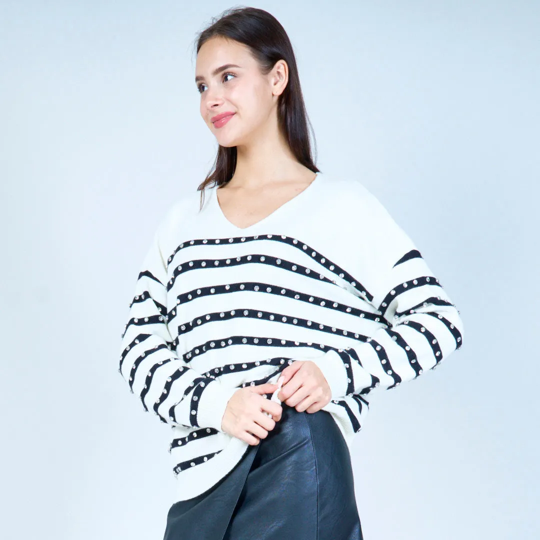 Striped v-neck sweater with embellishments wholesale