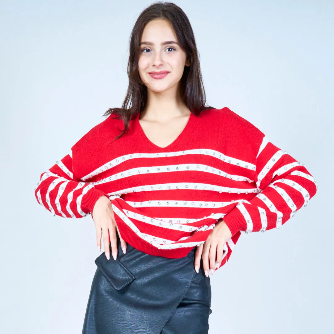 Striped v-neck sweater with embellishments wholesale