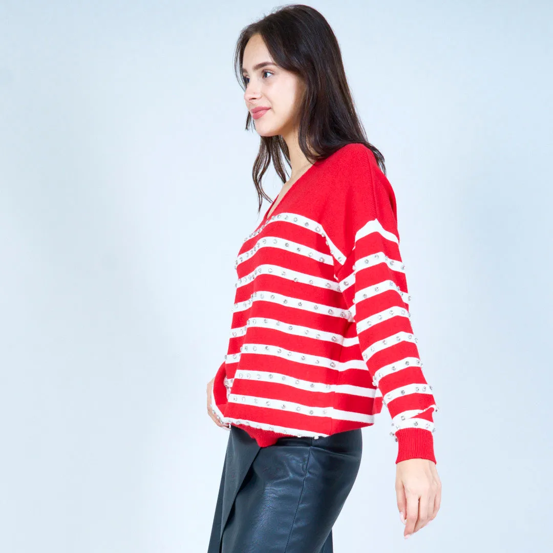 Striped v-neck sweater with embellishments wholesale