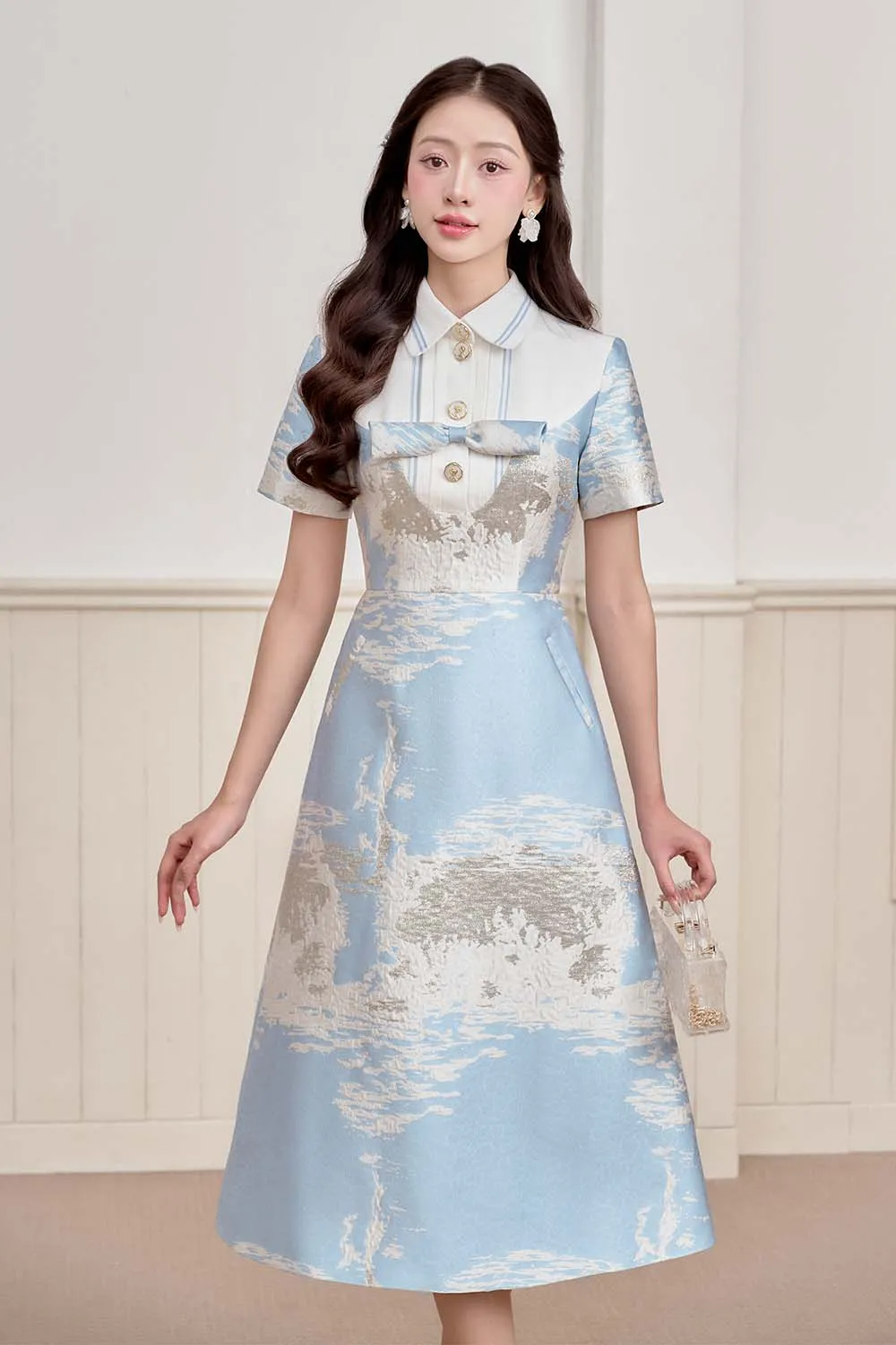 Sulie A-line Collared Neck Brocade Midi Dress