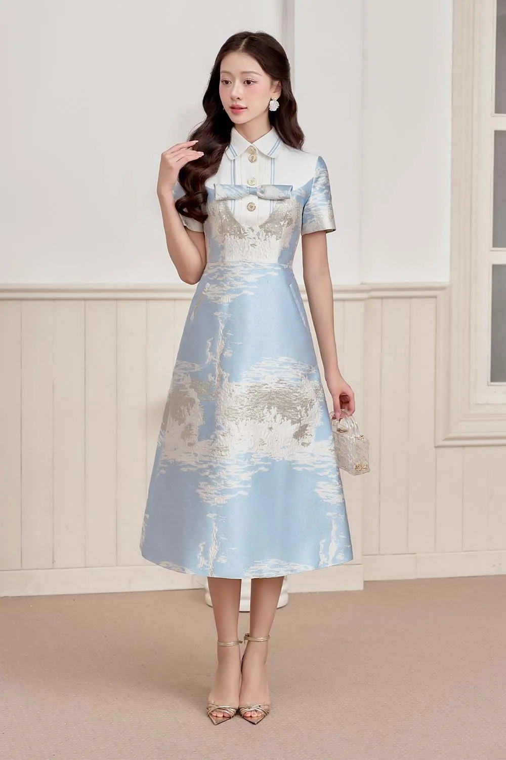 Sulie A-line Collared Neck Brocade Midi Dress