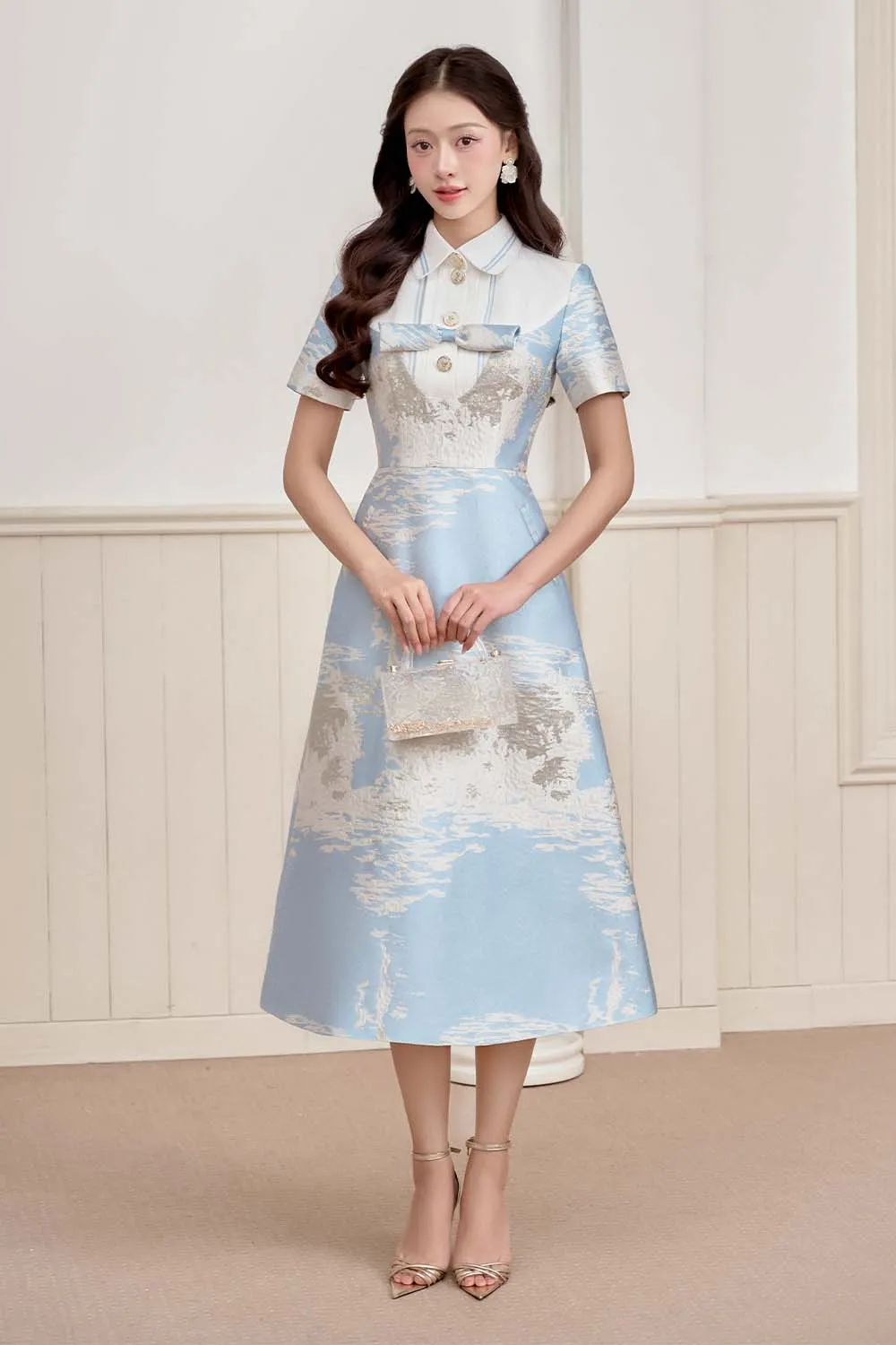 Sulie A-line Collared Neck Brocade Midi Dress