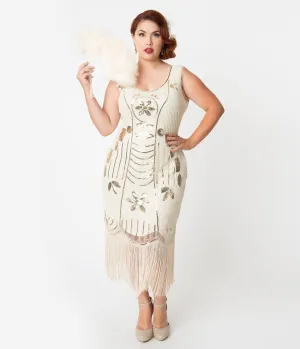 Unique Vintage Plus Size Cream & Gold Sequin Fringe Cremieux Flapper Dress