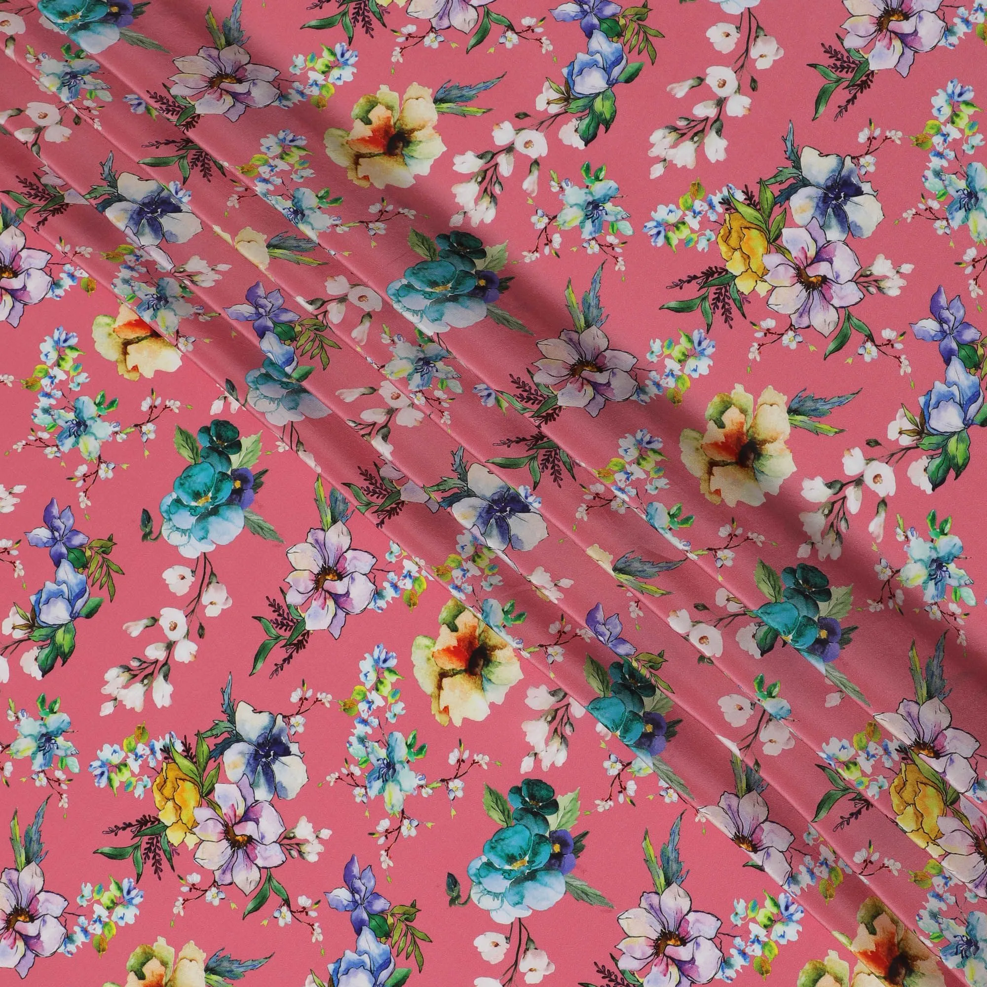 Vibrant Spring Medley Viscose Fabric, 110 cm Width - Lively Floral Mix on Coral Pink-D18733