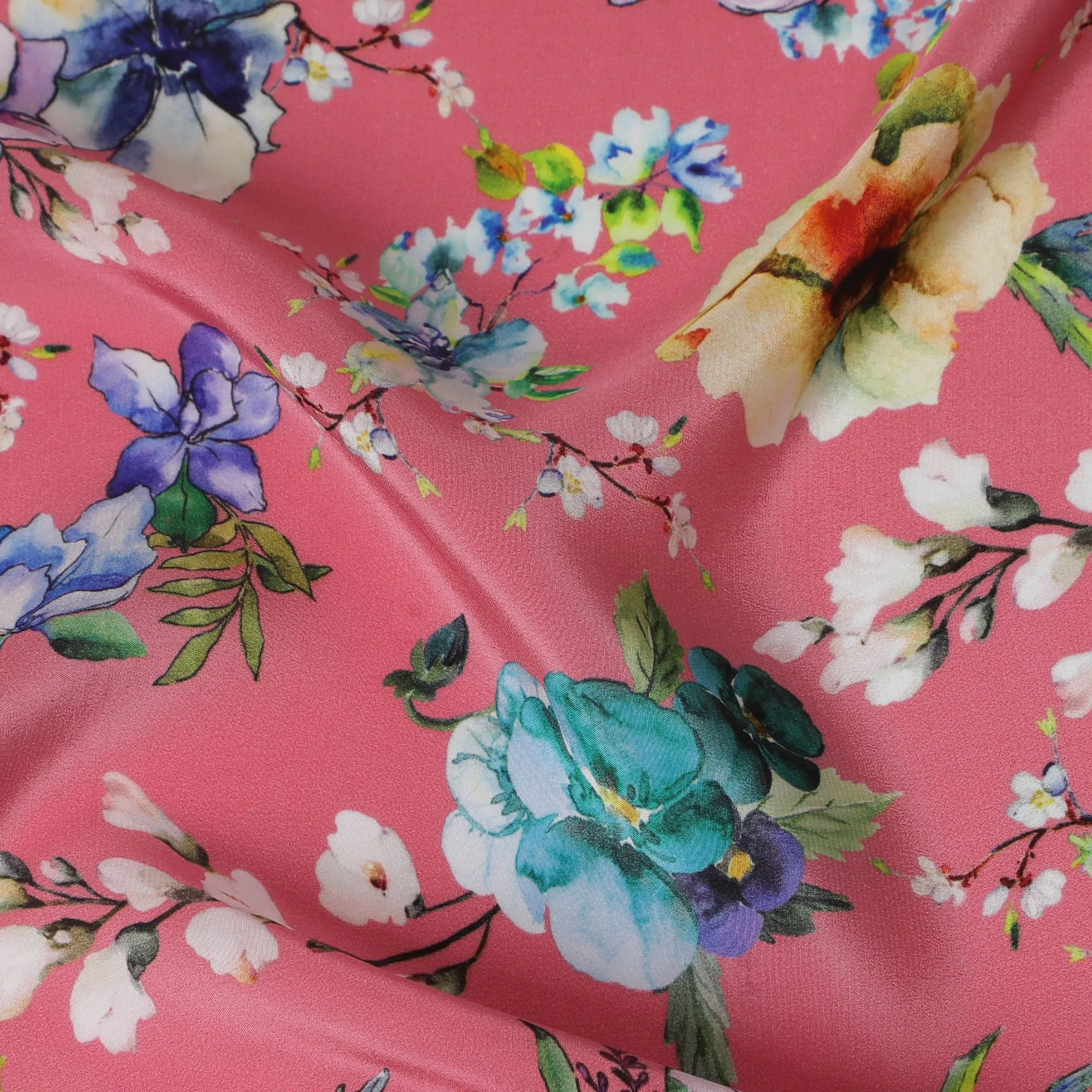 Vibrant Spring Medley Viscose Fabric, 110 cm Width - Lively Floral Mix on Coral Pink-D18733