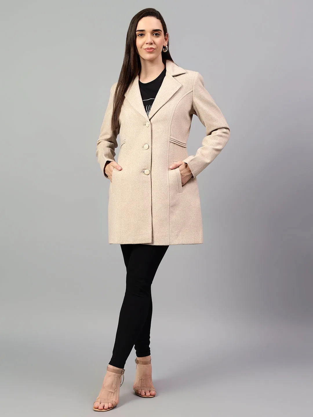 Women's Beige Solid Full Sleeves Winter Long Coat