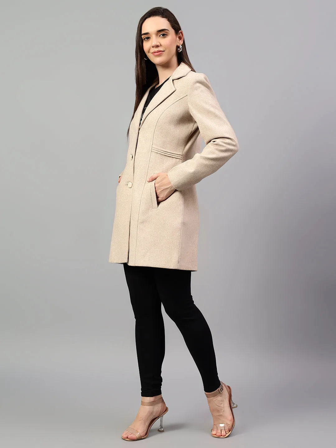 Women's Beige Solid Full Sleeves Winter Long Coat