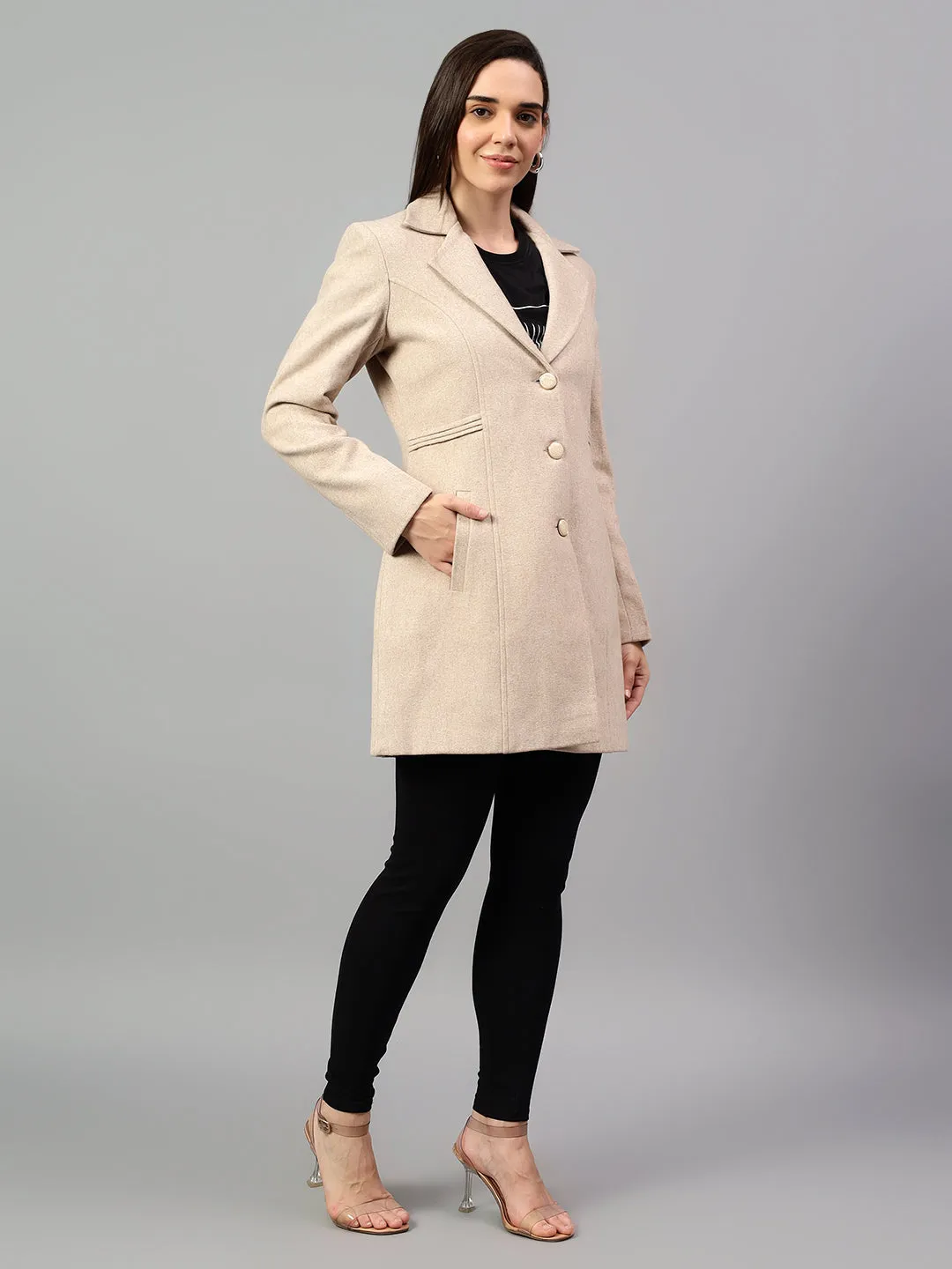 Women's Beige Solid Full Sleeves Winter Long Coat