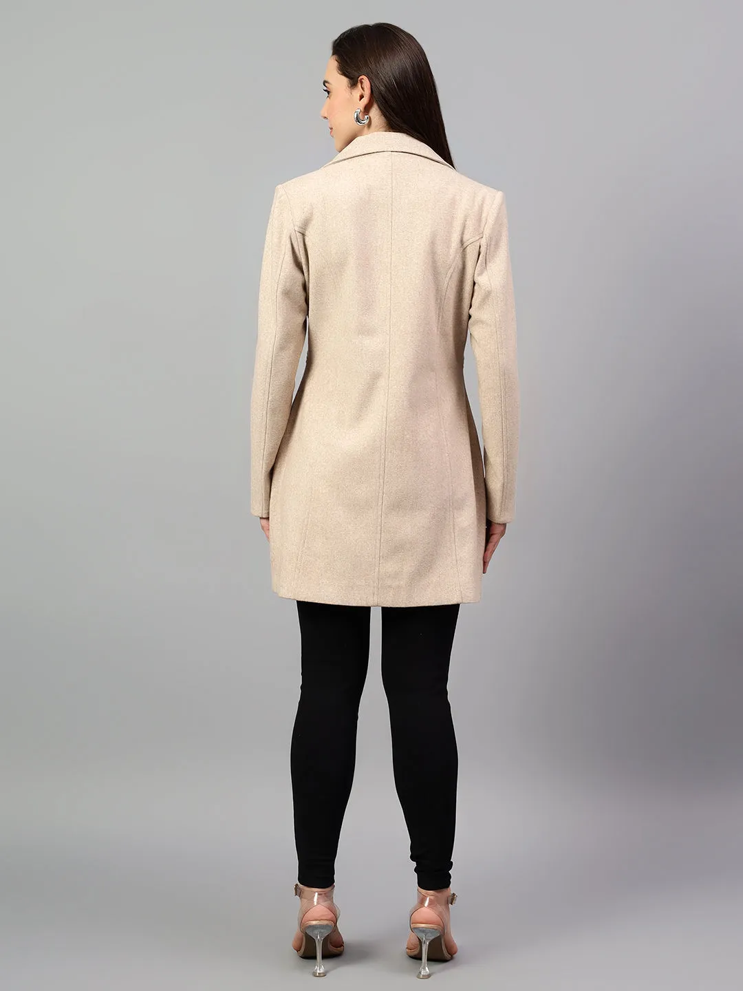 Women's Beige Solid Full Sleeves Winter Long Coat