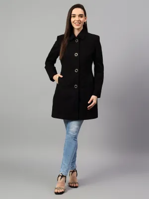 Women's Black Solid Full Sleeves Winter Long Coat