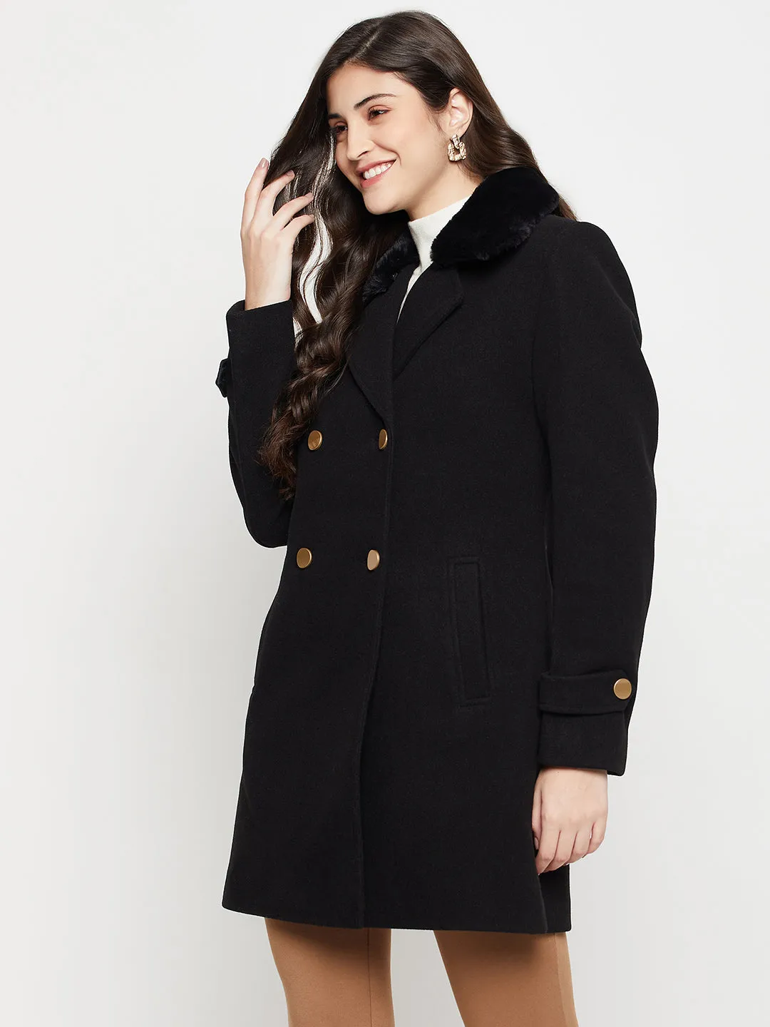 Women's Casual  Black Double breasted Notched Lapel Collar with Faux Fur insert Long Coat