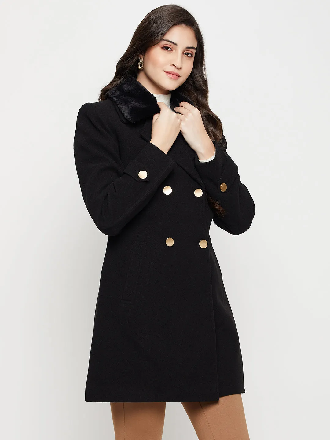 Women's Casual  Black Double breasted Notched Lapel Collar with Faux Fur insert Long Coat