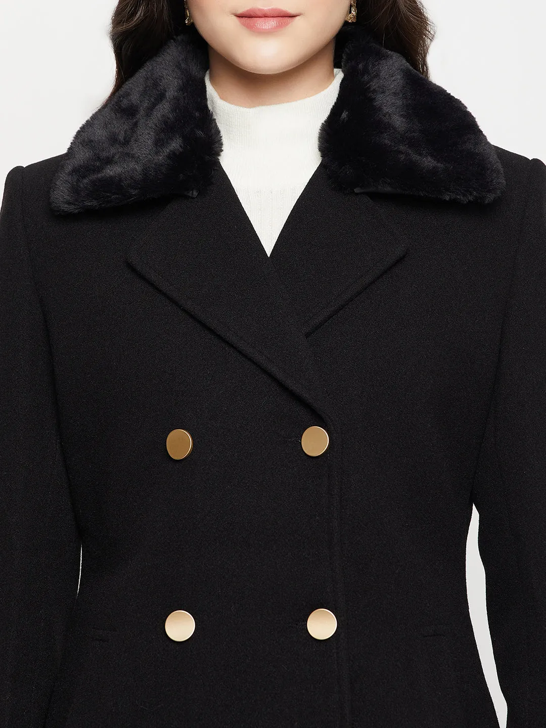 Women's Casual  Black Double breasted Notched Lapel Collar with Faux Fur insert Long Coat