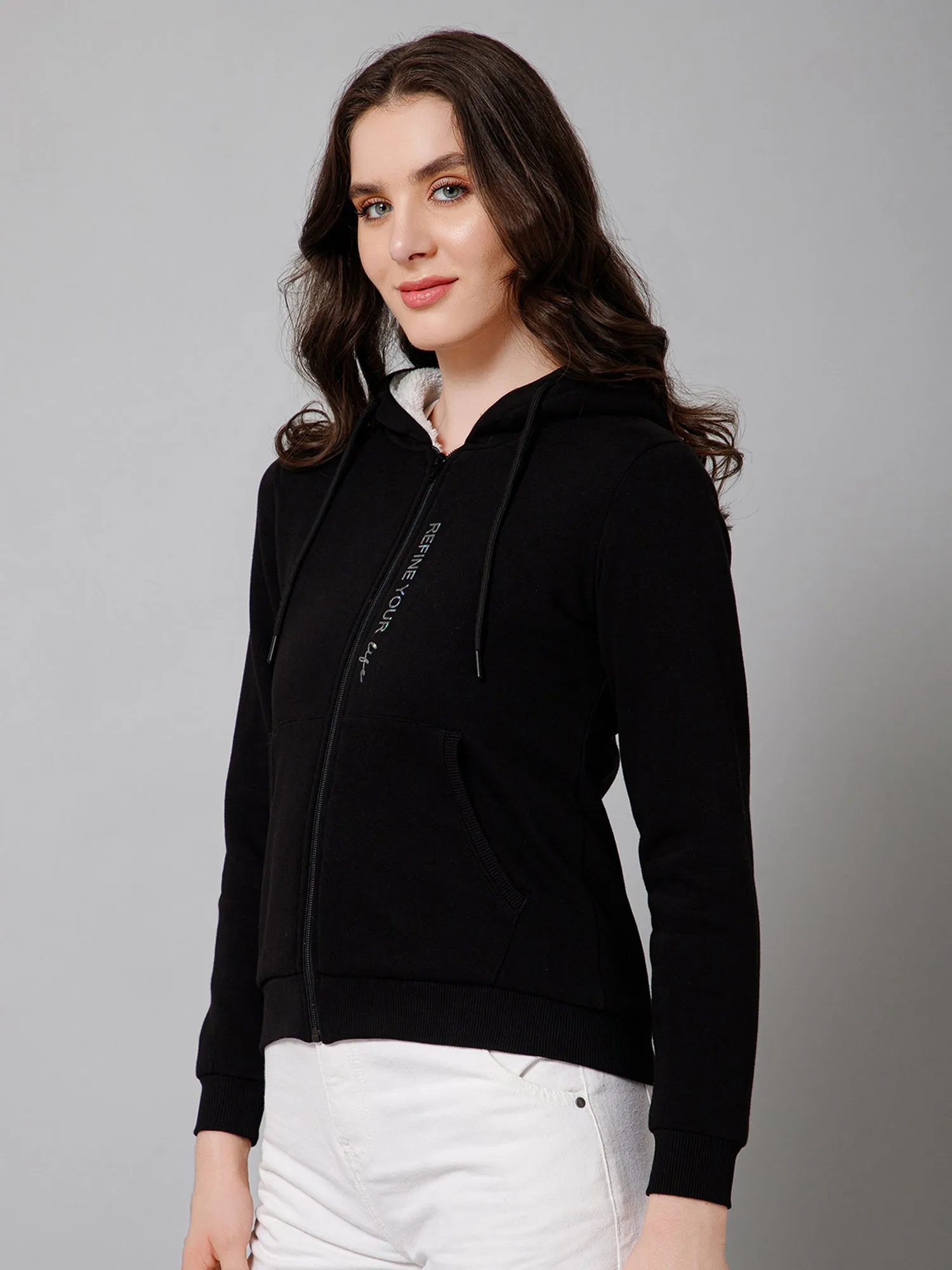 Women's Casual  Black Regular Full Sleeve Zipthru Hoodie Fleece Sweatshirt