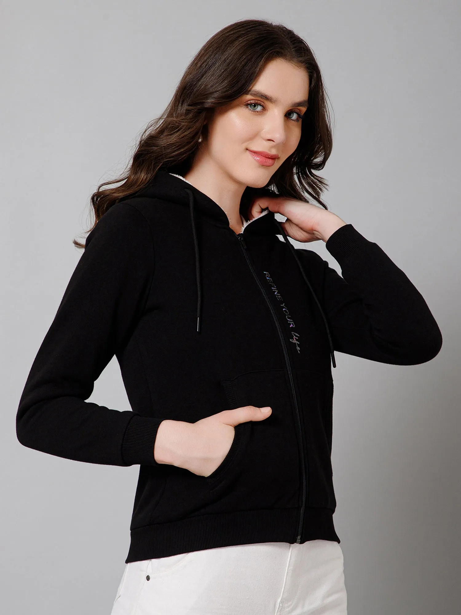 Women's Casual  Black Regular Full Sleeve Zipthru Hoodie Fleece Sweatshirt