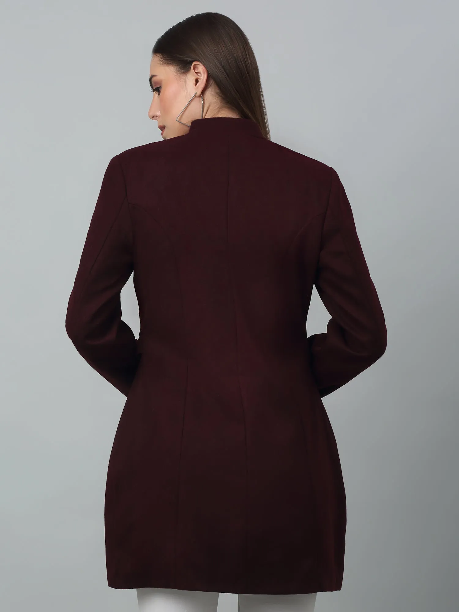 Women's Casual  Burgundy Single breasted  Stand Collar Long Coat