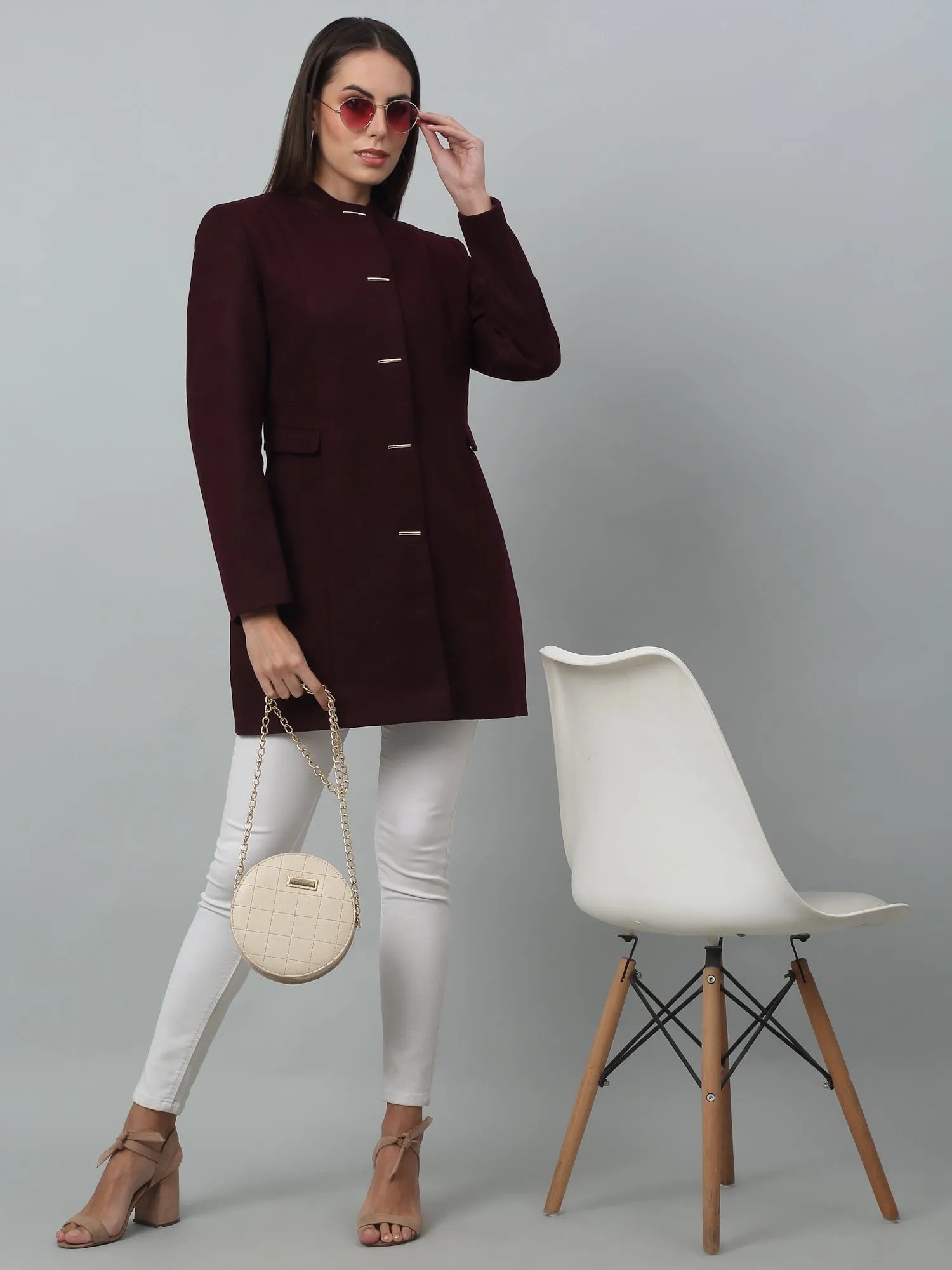 Women's Casual  Burgundy Single breasted  Stand Collar Long Coat