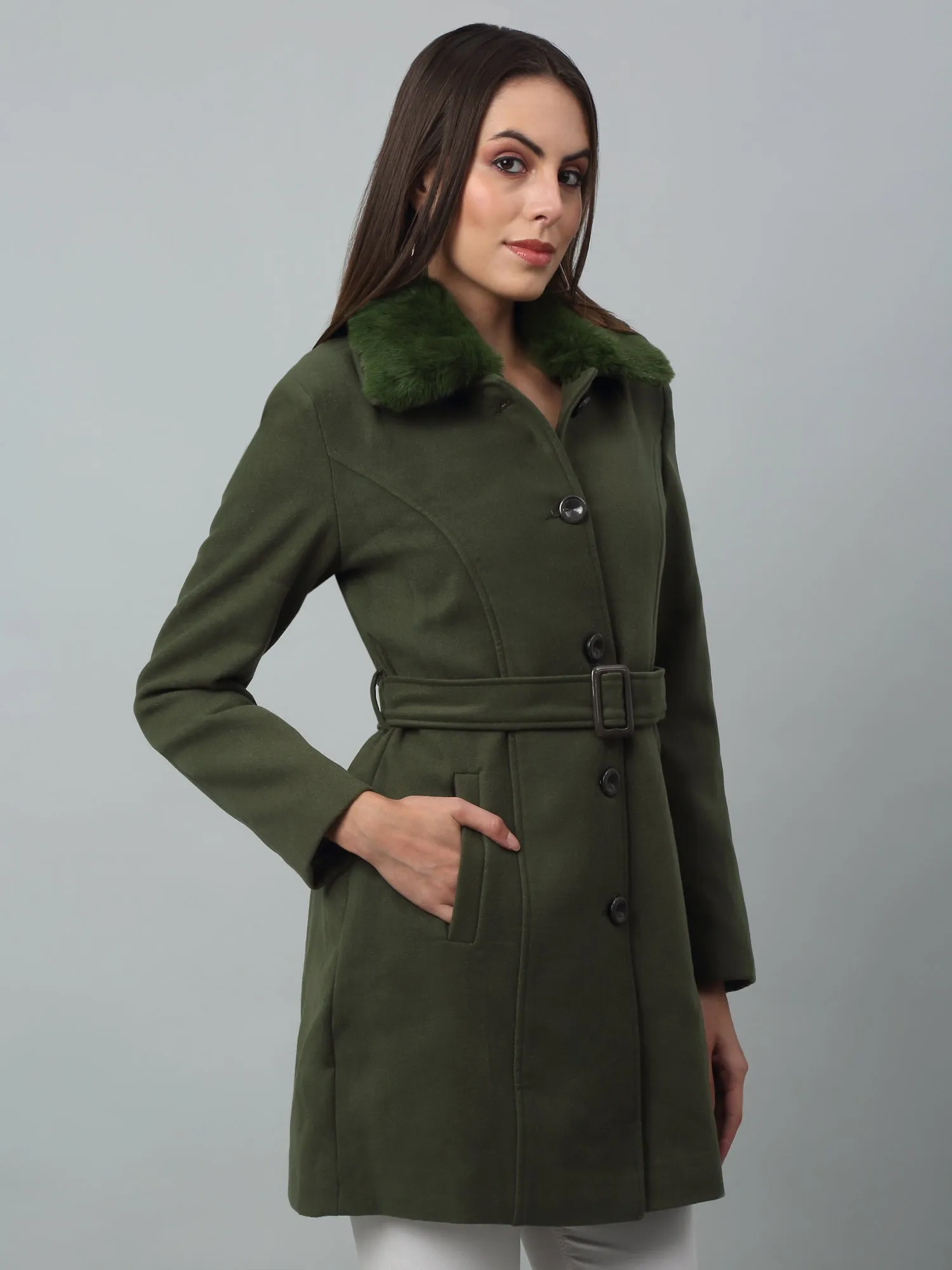 Women's Casual  Green Single breasted  Faux Fur Spread Collar Long Coat