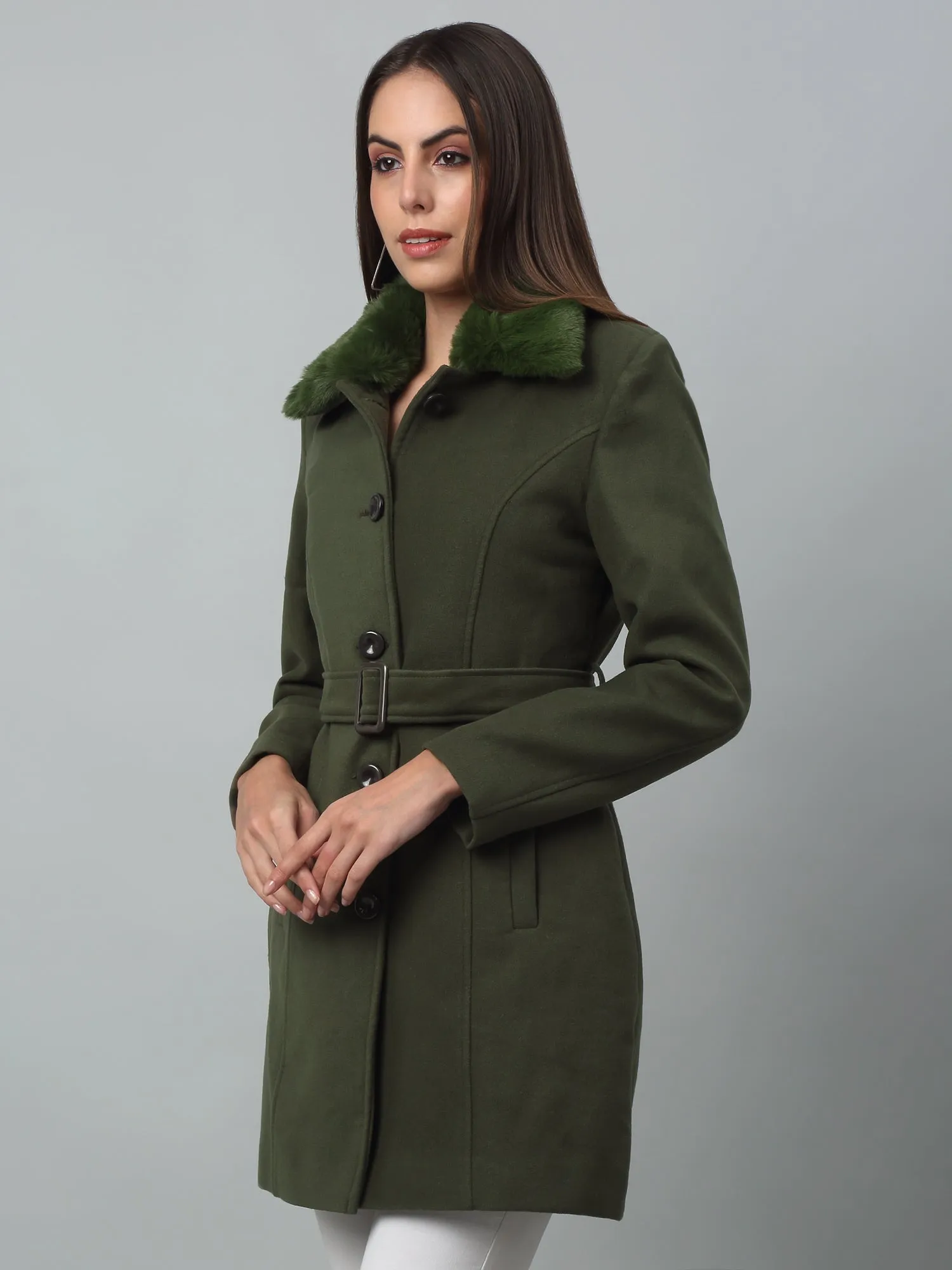 Women's Casual  Green Single breasted  Faux Fur Spread Collar Long Coat