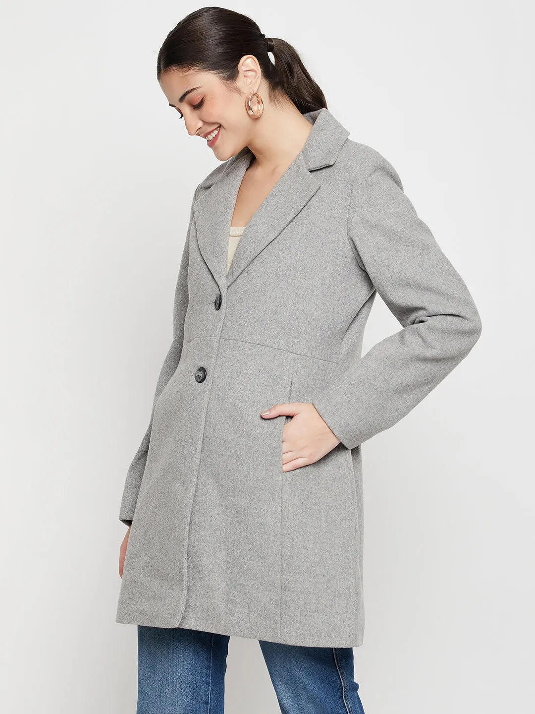 Women's Casual  Grey Single breasted  Notched Lapel Collar Long Coat