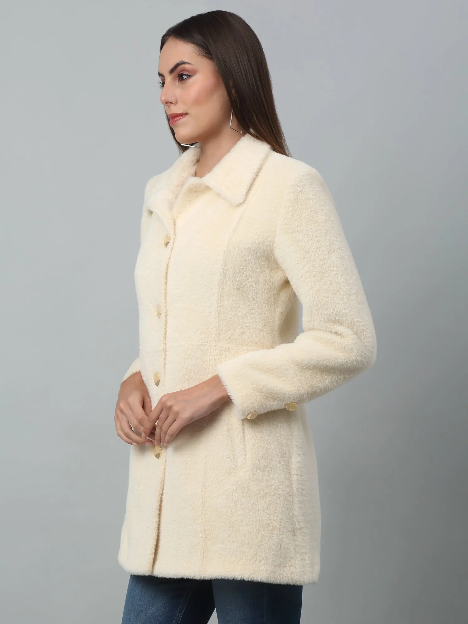 Women's Casual  Ivory Single breasted  Spread Collar Long Coat