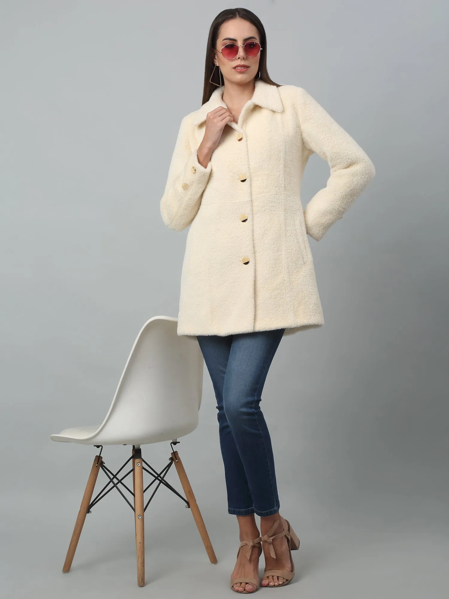 Women's Casual  Ivory Single breasted  Spread Collar Long Coat